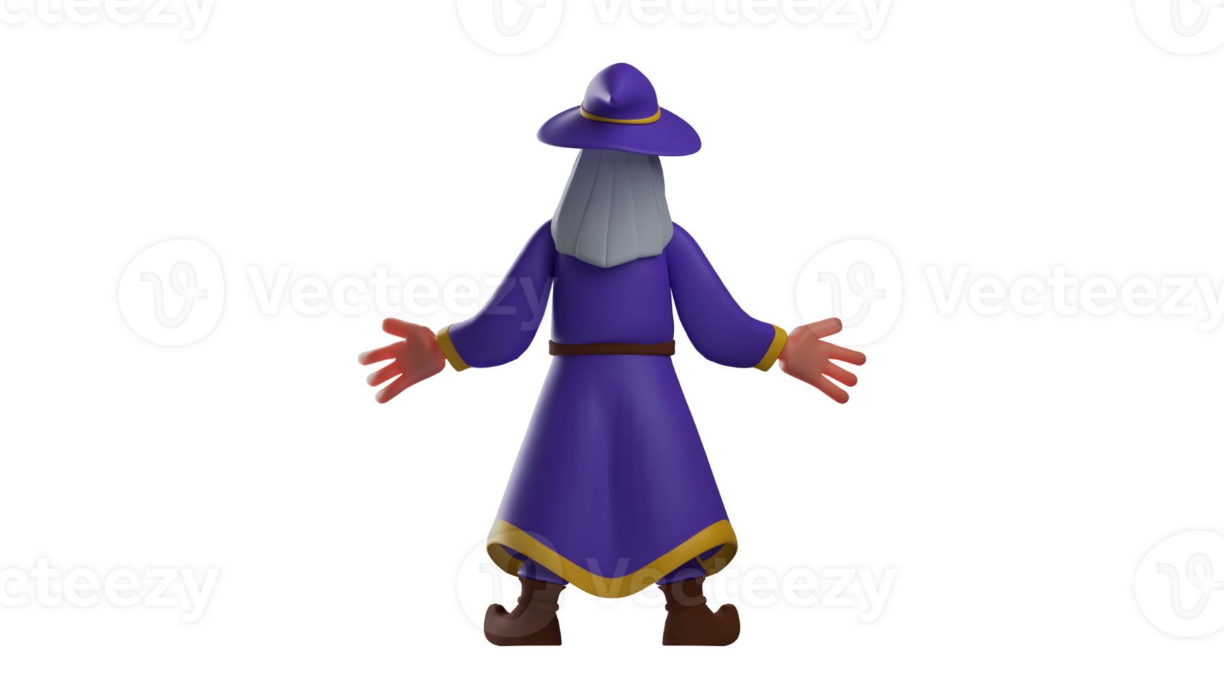 3D illustration. Charming Witch 3D cartoon character. Witch in a turned pose. The old witch spread his arms without showing his face. 3D cartoon character png
