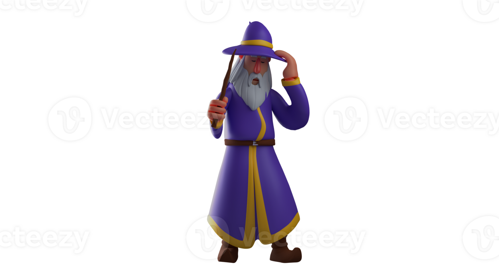 3D illustration. Dizzy Witch 3D cartoon character. Old wizard wears a wide-brimmed hat and a luxurious purple robe. The old witch showed a dizzy expression while holding his head. 3D cartoon character png