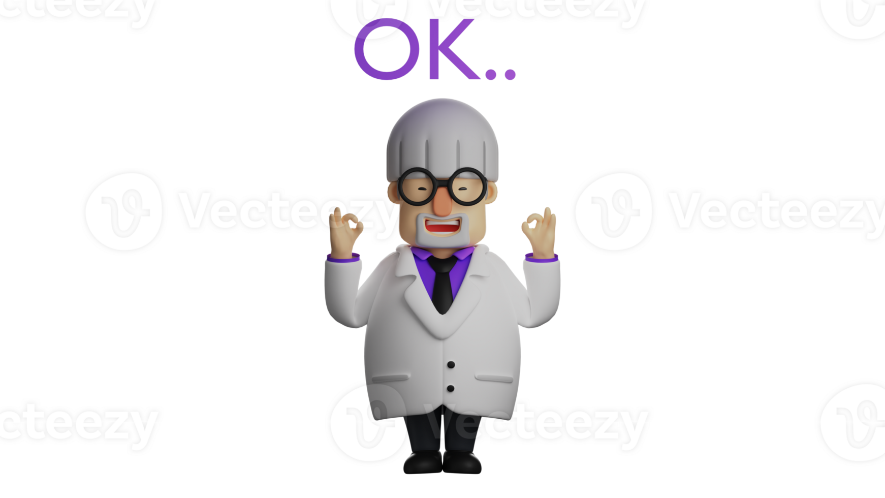 3D illustration. Relaxing Professor 3D cartoon character. The Professor shows an okay sign with both hands. The professor smiled broadly and looked sweet. 3D cartoon character png