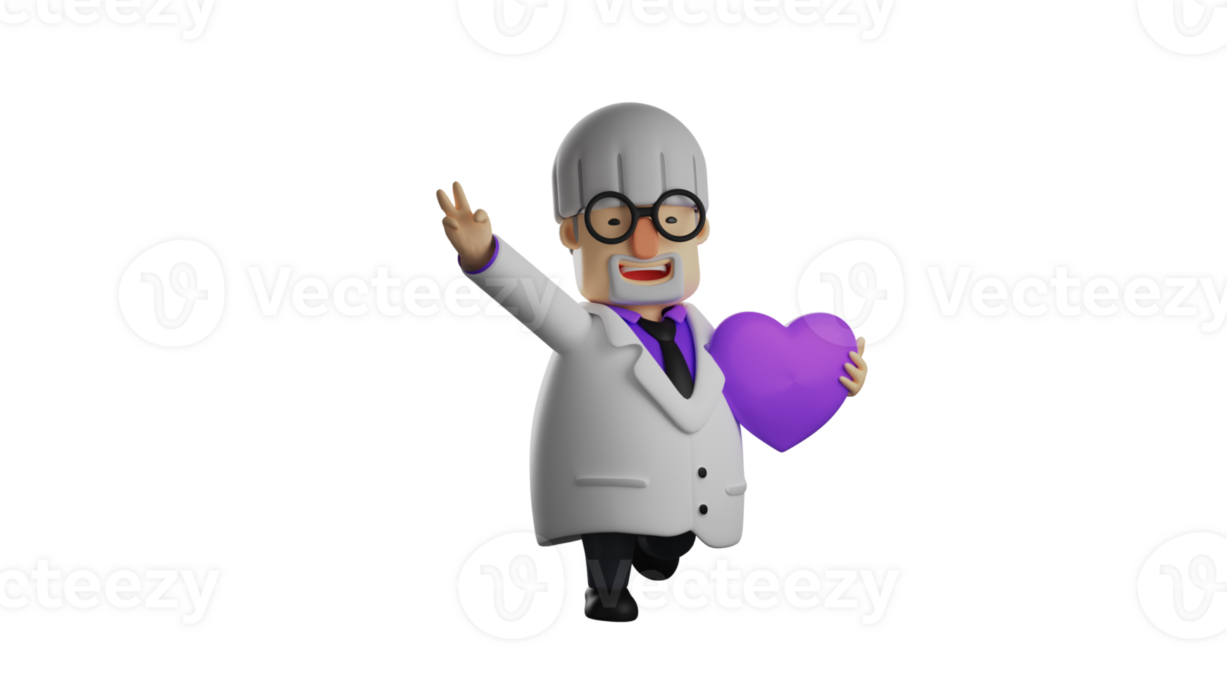 3D illustration. Romantic Professor 3D cartoon character. The scientist carries a purple heart symbol. The professor showed a peace sign with his finger and smiled happily. 3D cartoon character png