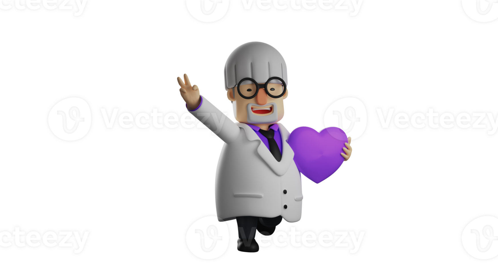 3d illustration. romantique professeur 3d dessin animé personnage. le scientifique porte une violet cœur symbole. le professeur montré une paix signe avec le sien doigt et sourit Heureusement. 3d dessin animé personnage png