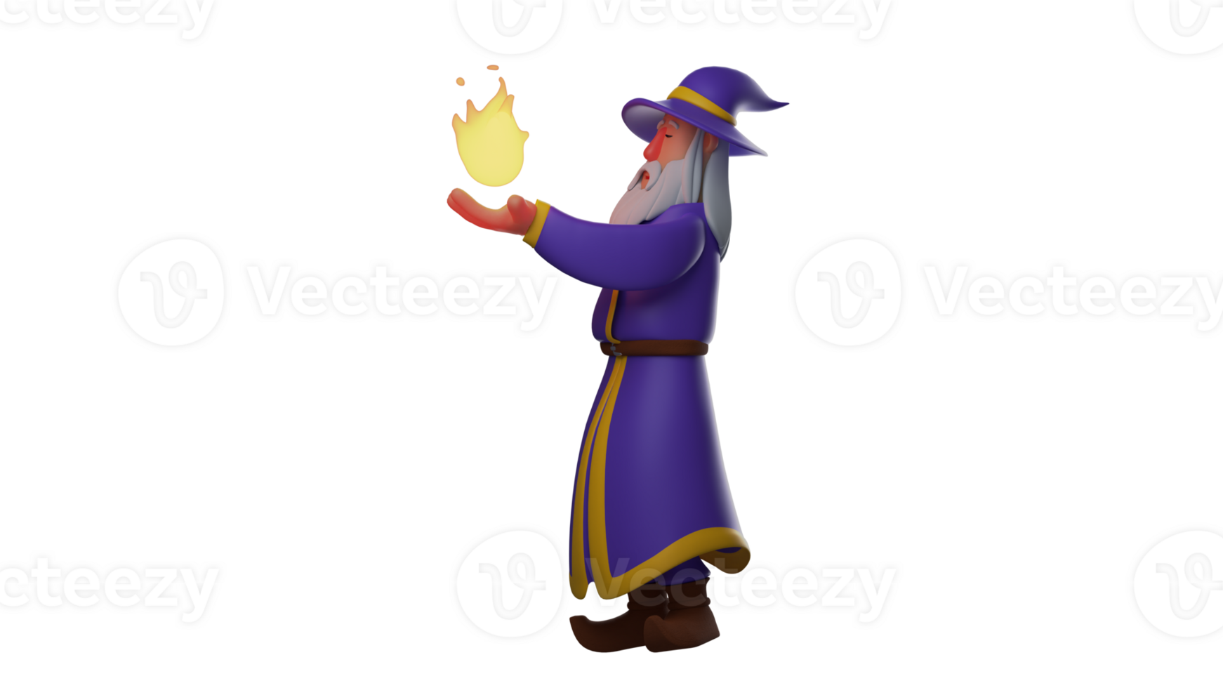 3D illustration. Amazing Wizard 3D cartoon character. The fire witch lit up in one hand. Witch stands and faces sideways. Holy old witch. 3D cartoon character png