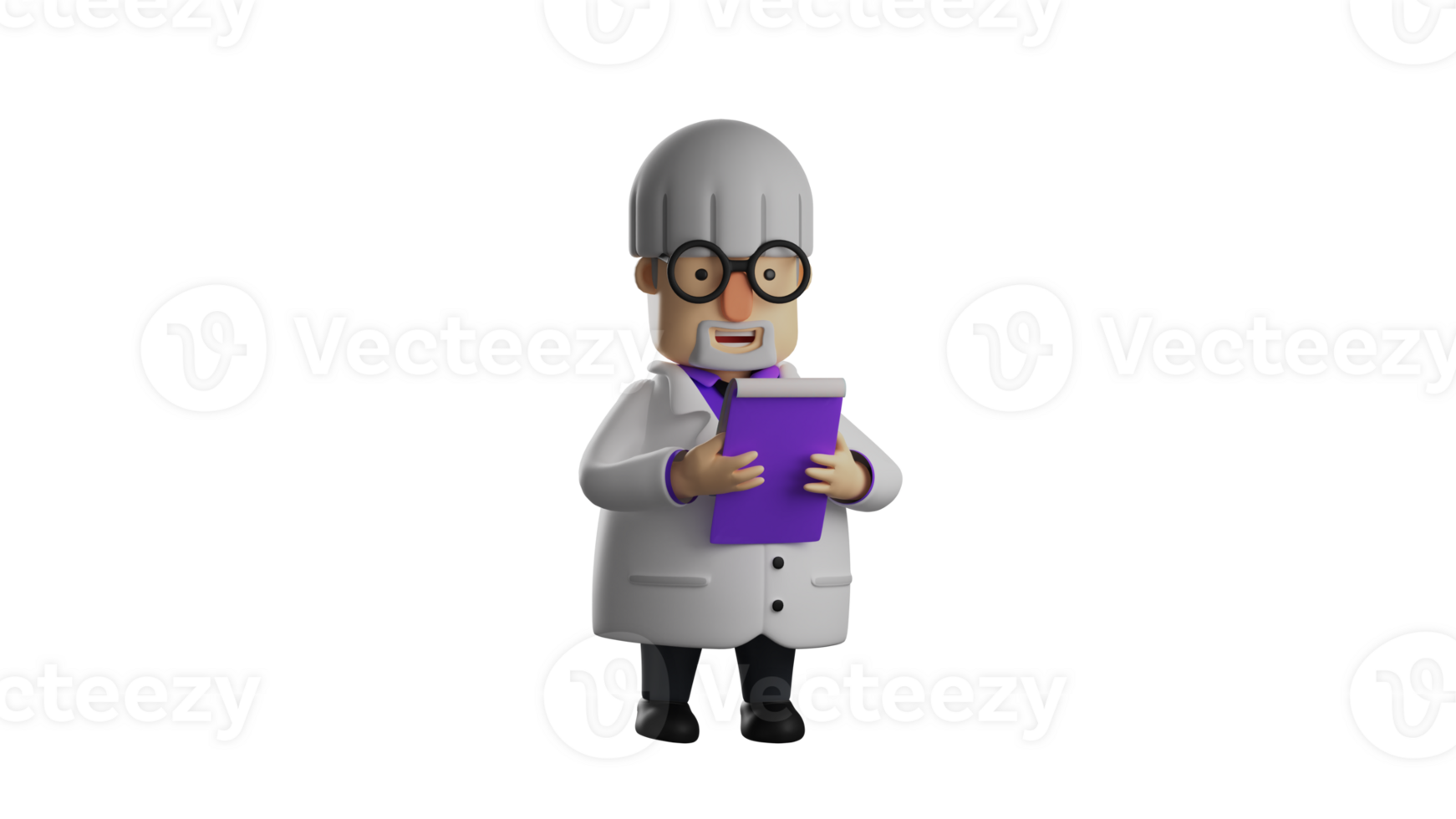 3D illustration. Meticulous professor 3D cartoon character. The professor is reading the data in the notes carefully. Professor looks at the results of his research. 3D cartoon character png