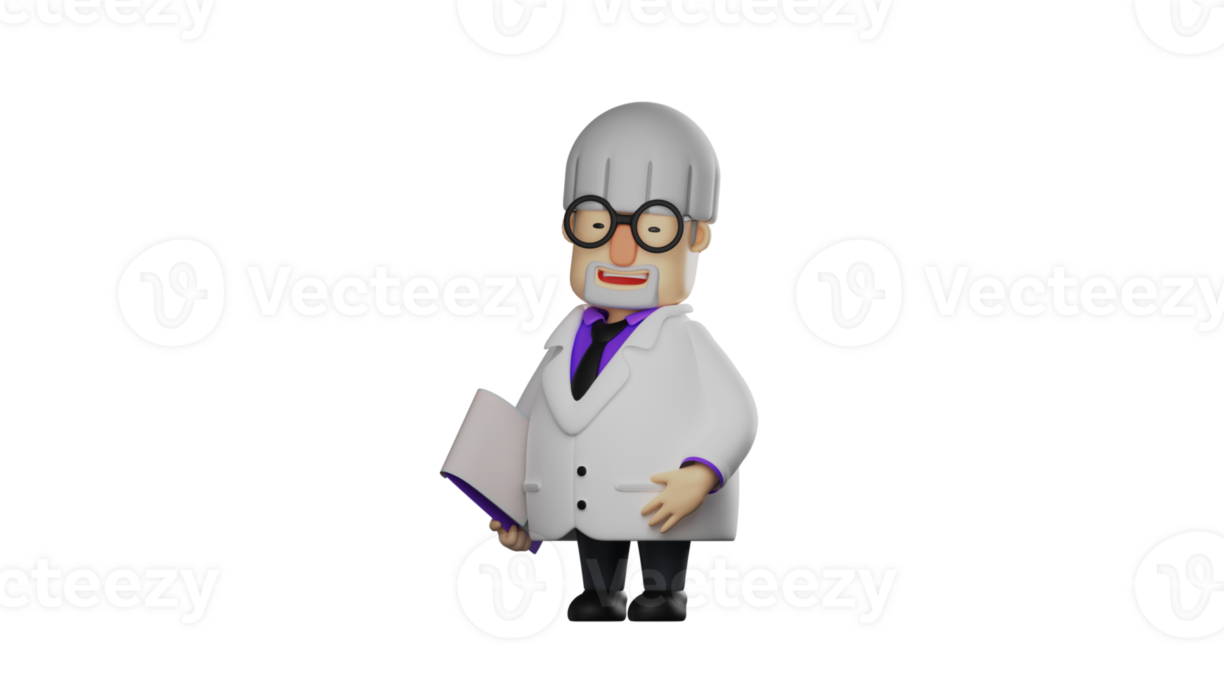 3D illustration. Charming professor 3D cartoon character. The professor stood aside and showed a sincere smile. Old professor holding his notes. 3D cartoon character png