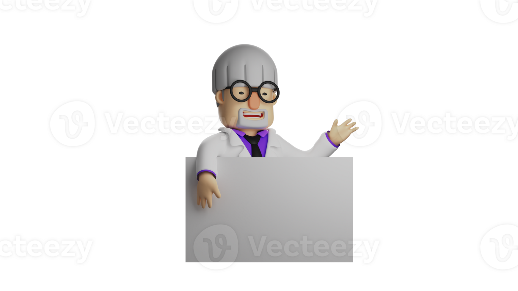 3D illustration. Scientist 3D cartoon character. Friendly scientist is talking to someone. The intelligent scientist carries a large white board with him when testing something. 3D cartoon character png