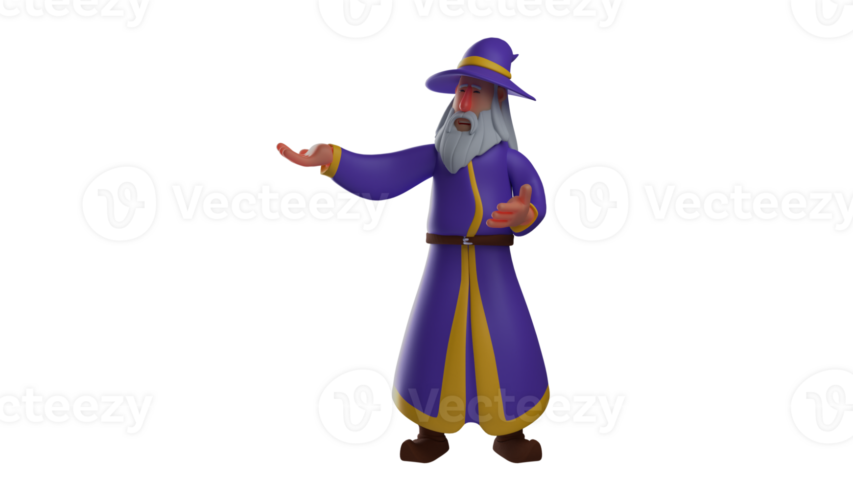 3D illustration. Old Man 3D cartoon character. Old man wear purple robes and wide hats. The old man was asking for an explanation from someone he met. Fierce old witch. 3D cartoon character png