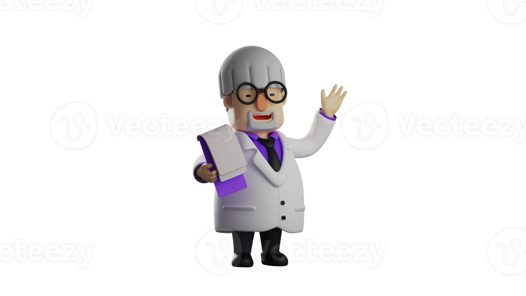 3D illustration. Friendly professor 3D cartoon character. The Professor waved at someone. The professor carries a notebook containing his research guide. 3D cartoon character png