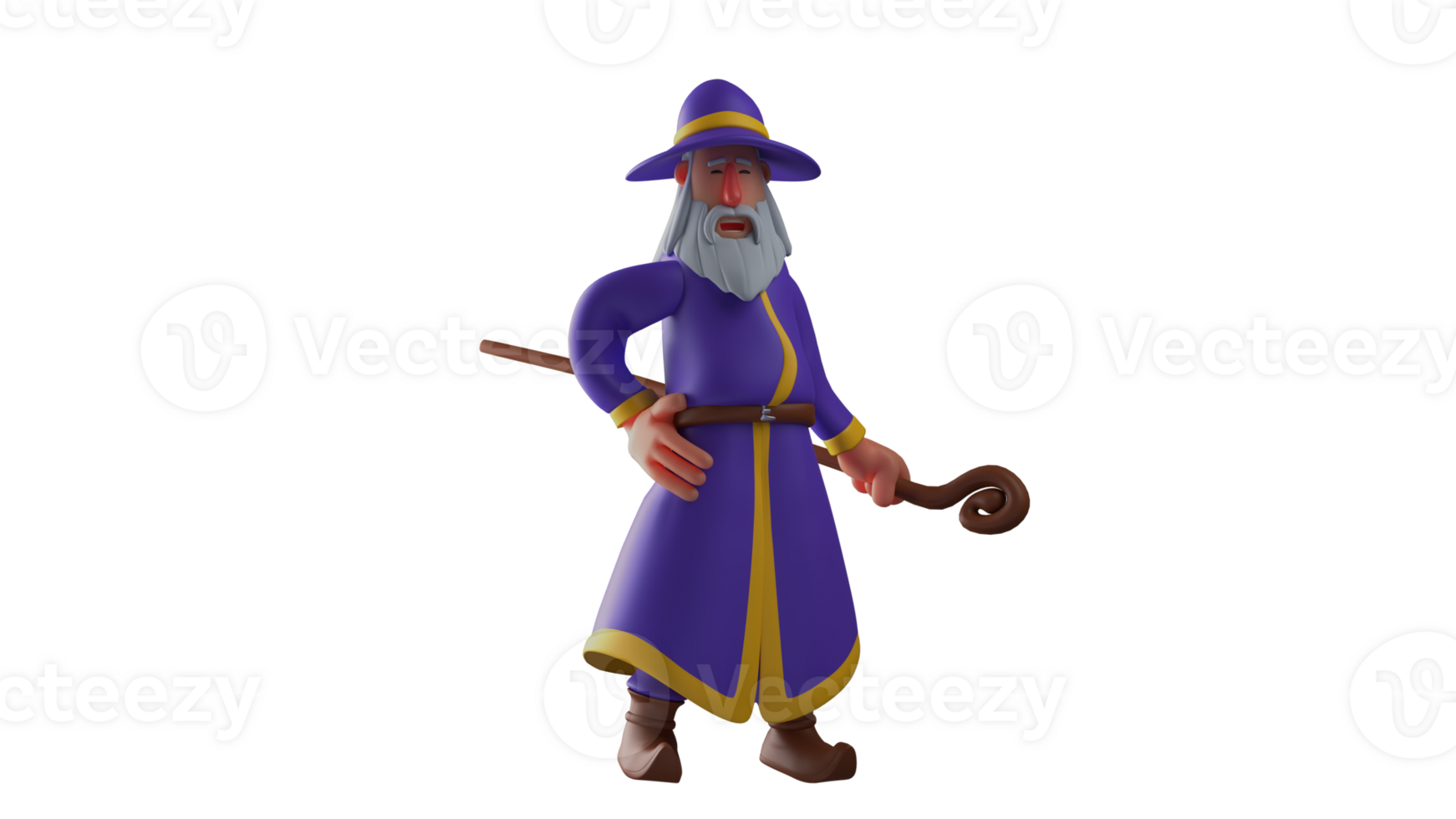 3D illustration. Happy witch 3D cartoon character. Witch laughed and put one hand on his waist. The witch carried his wooden staff wherever he went. 3D cartoon character png