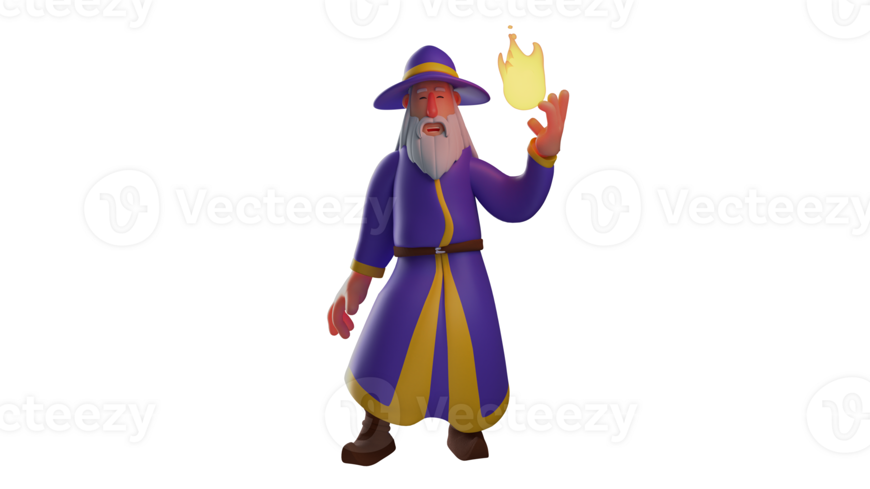 3D illustration. Charming Wizard 3D cartoon character. Witch with a blazing fire in one hand. The old wizard who smiled sweetly showed his good looks. 3D cartoon character png