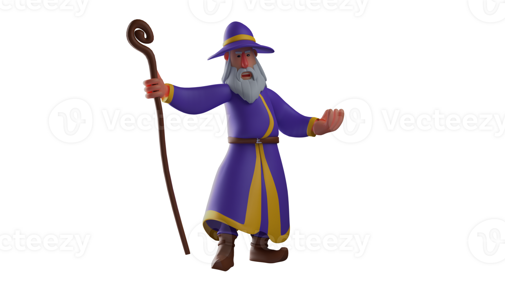 3D illustration. Angry Wizard 3D cartoon character. The witch holds a magic wand and looks like he is holding back his anger. Old witch on revenge. 3D cartoon character png
