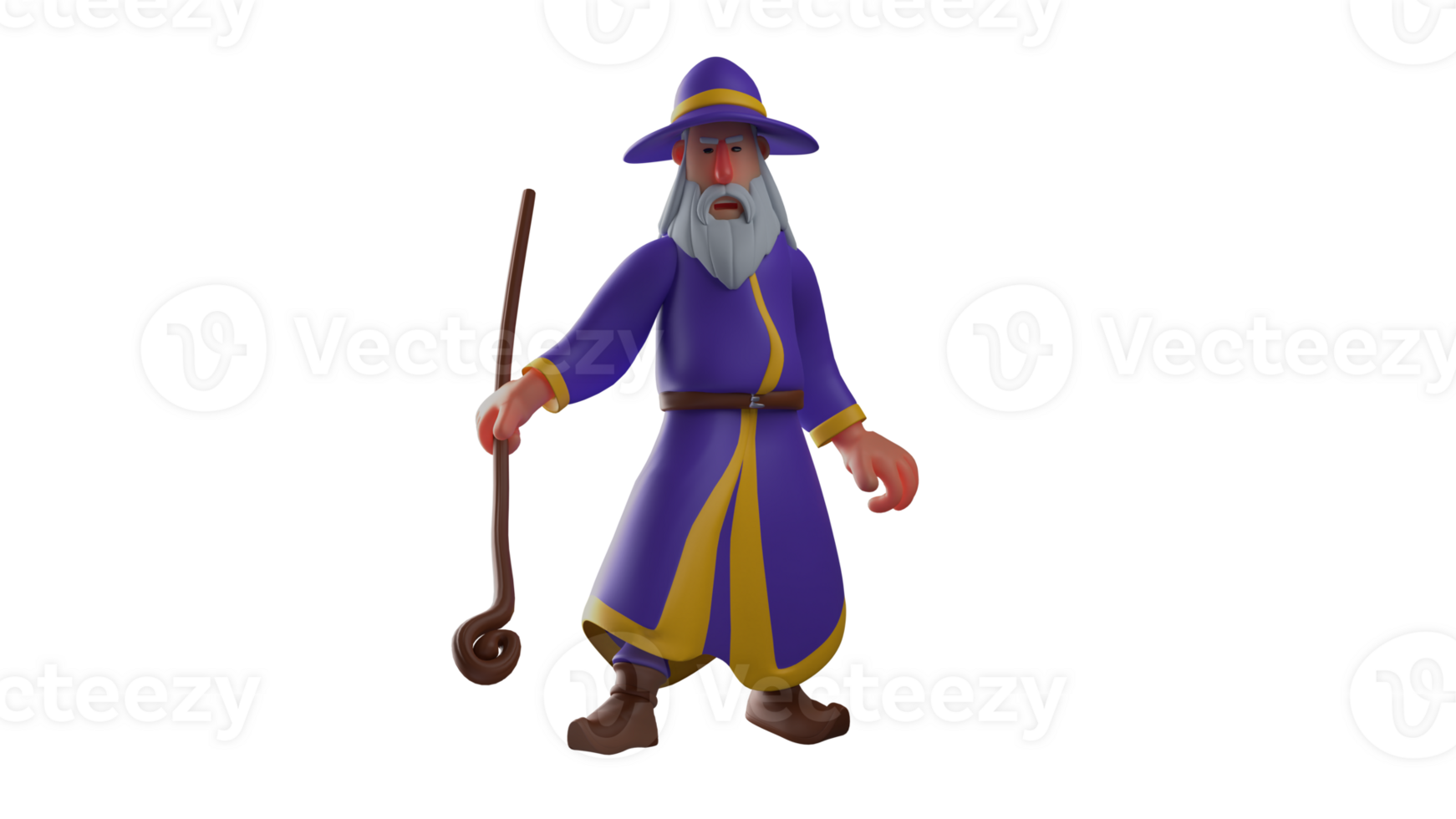 3D illustration. Scary Wizard 3D cartoon character. The witch showing an angry expression. The witch wears a purple robe and points his wooden staff forward. 3D cartoon character png