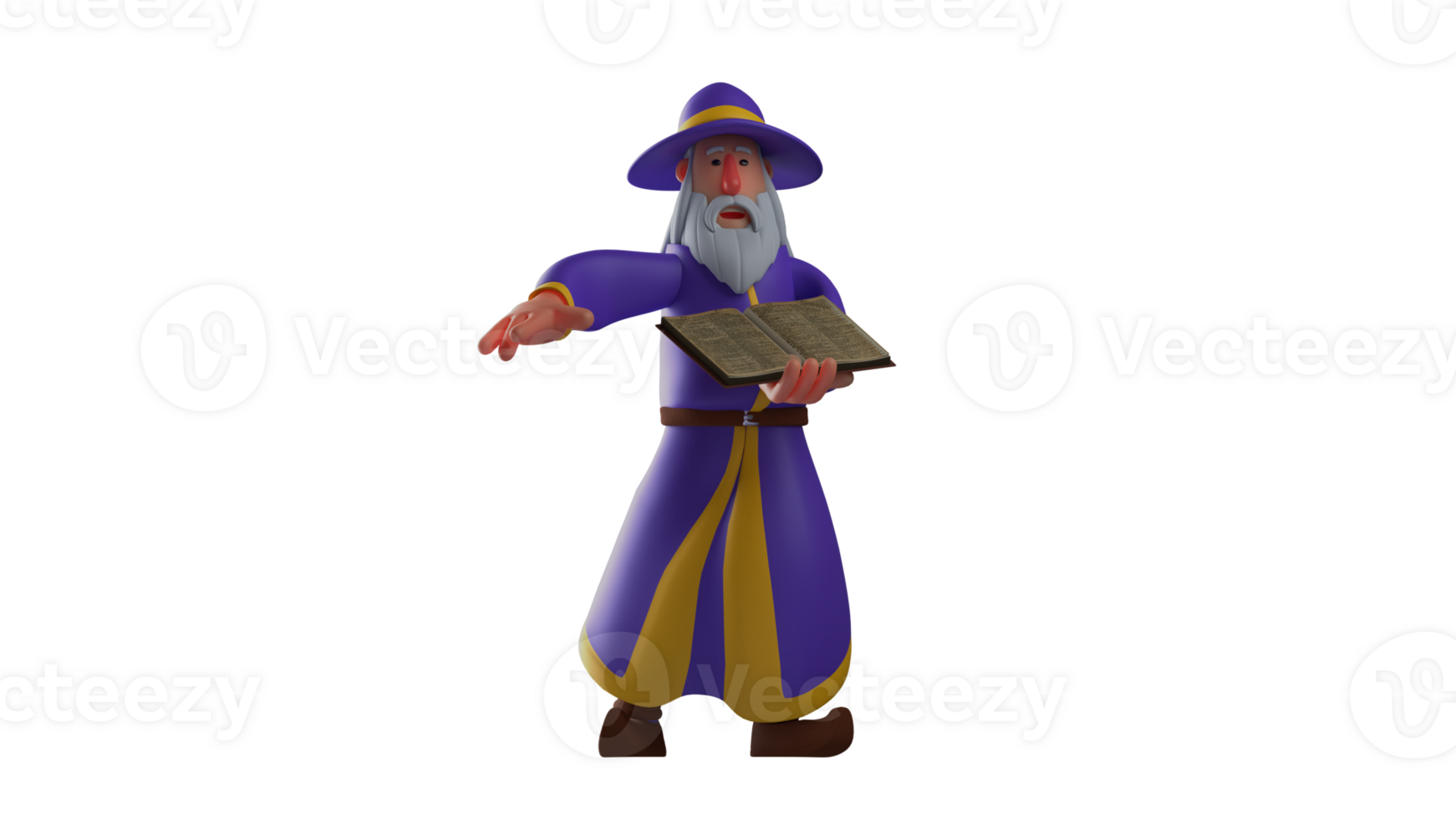 3D illustration. Expert Witch 3D cartoon character. The old wizard was holding a spell book and ready to put it into practice. A great magician who showed his abilities. 3D cartoon character png