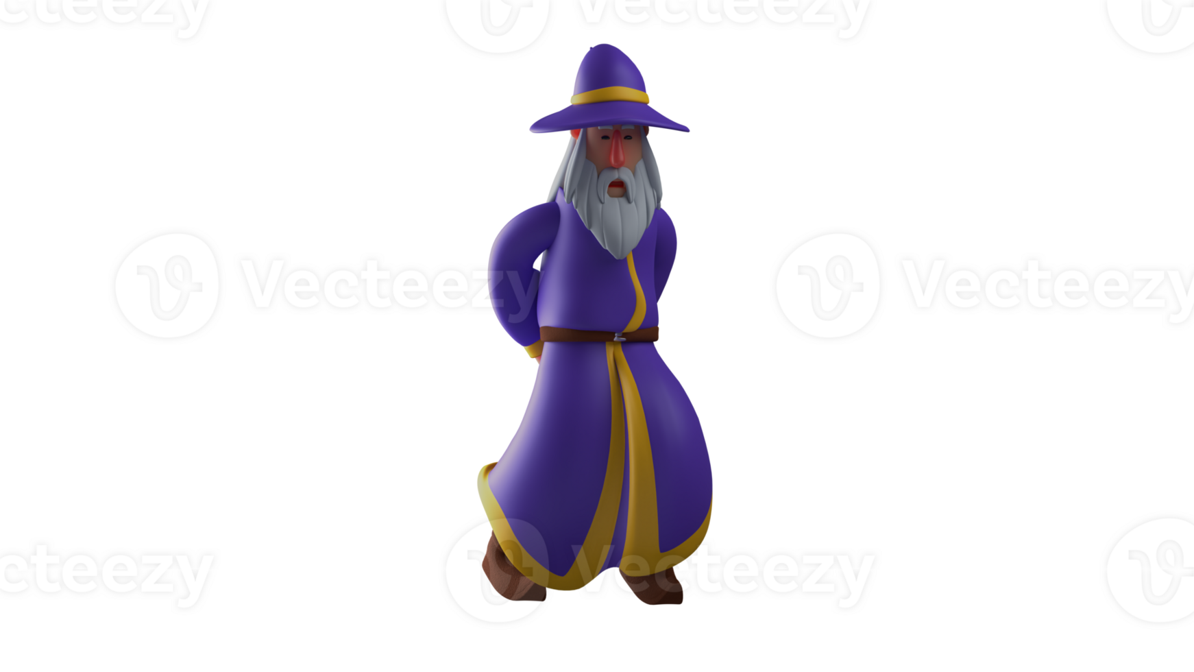 3D illustration. Calm witch 3D cartoon character. Witch walked while lowering his face. The old wizard put his hands behind his back. 3D cartoon character png