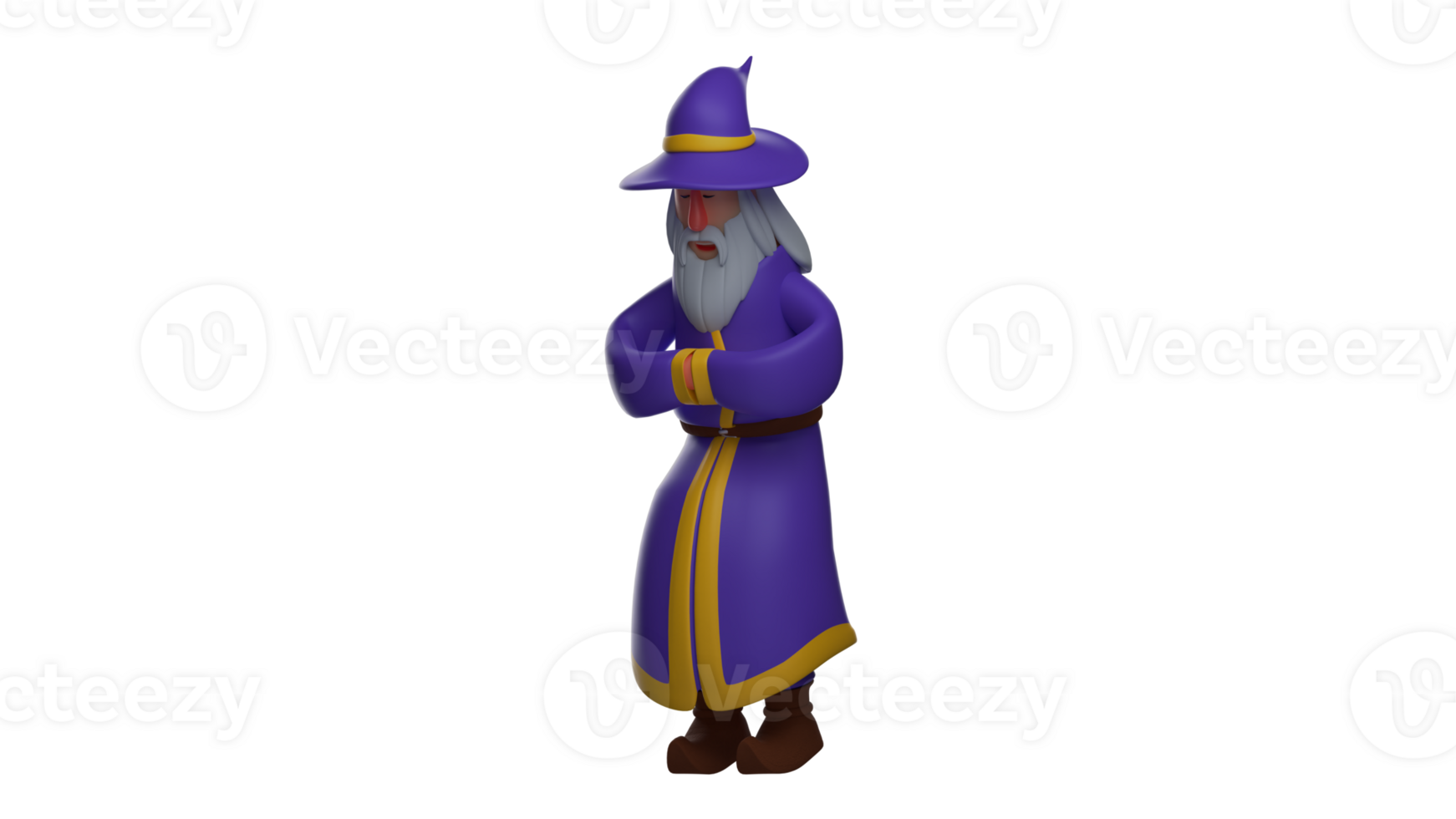 3D illustration. Obedient Witch 3D cartoon character. Witch in a crouching pose and bringing his hands together in front of his body. The old witch looked calm and in control. 3D cartoon character png