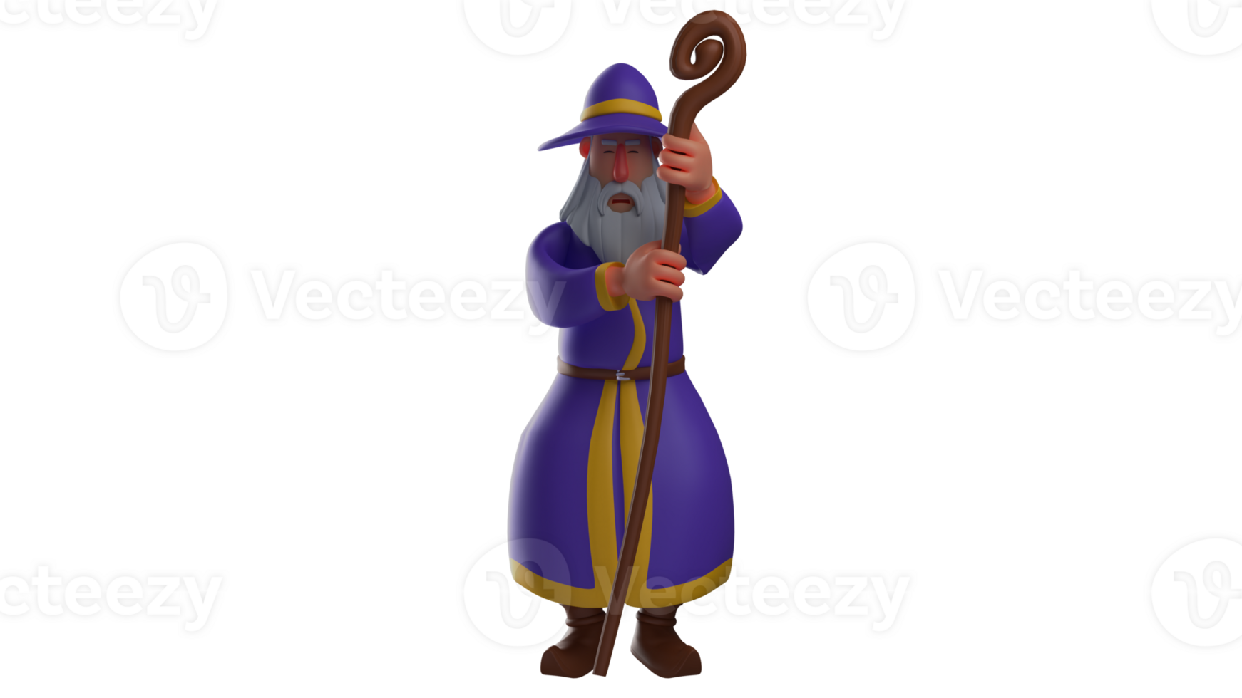 3D illustration. Old Man 3D cartoon character. The old man was wearing a luxurious wizard robe. A pensive old wizard holding his wand. Witch is thinking about something. 3D cartoon character png