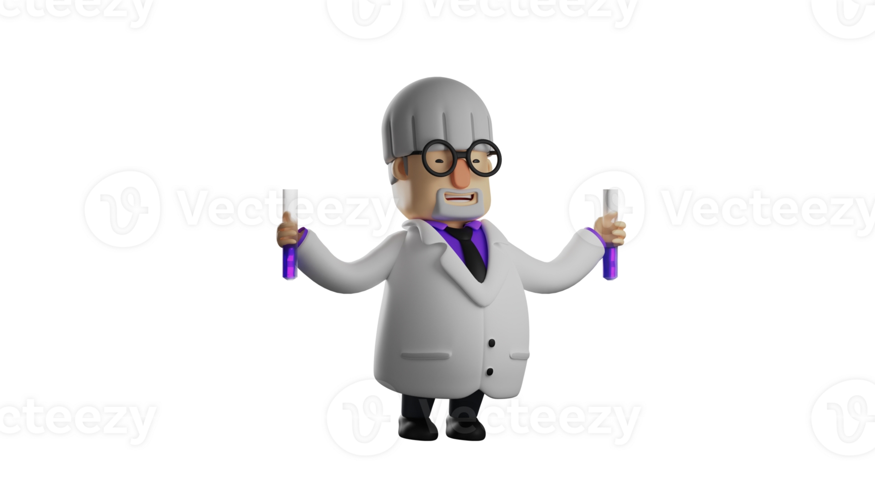 3D illustration. Attractive Professor 3D cartoon character. Clever professor holding two chemical solutions. The professor is testing the solution with his students. 3D cartoon character png