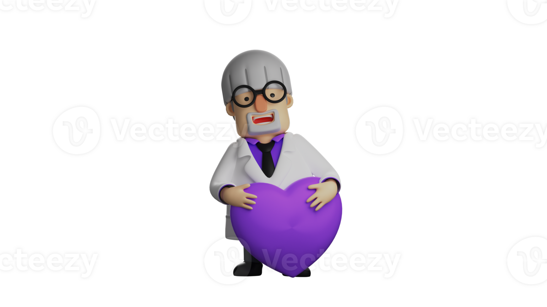 3D illustration. Happy Scientist 3D cartoon character. The scientist carries a purple heart symbol. Scientist is laughing and feeling happy. 3D cartoon character png