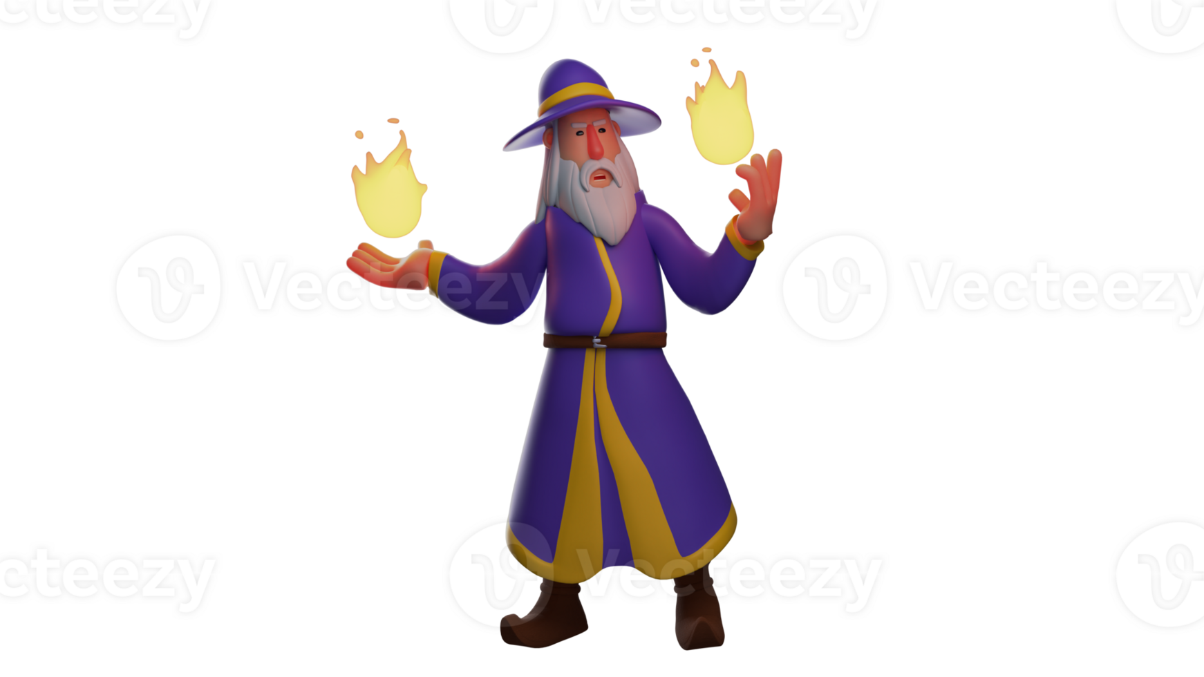 3D illustration. Magical Witch 3D cartoon character. Witch with fire blazing in both hands. A great wizard uses all his abilities to face the enemy. 3D cartoon character png