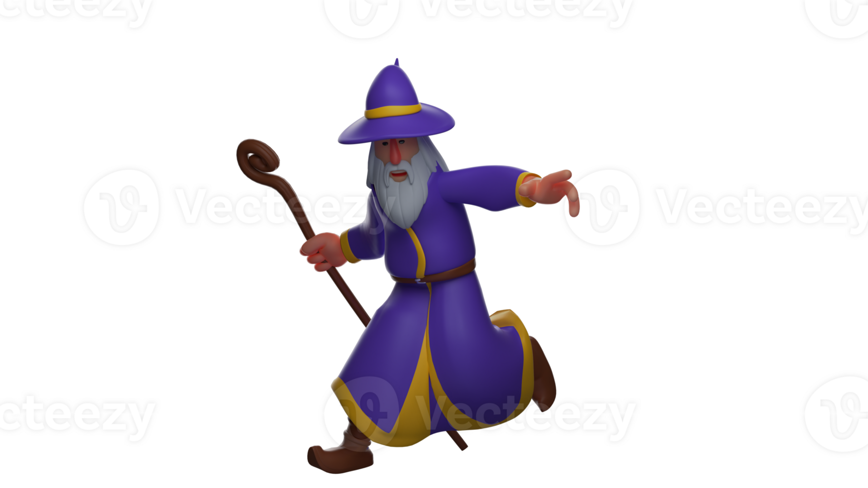 3D illustration. Wizard 3D cartoon character. Agile witch was running around. Witch chased something and pointed towards the front. Wizard ran while carrying her wooden staff. 3D cartoon character png