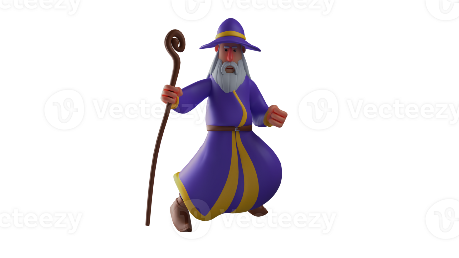 3D illustration. Brave Wizard 3D cartoon character. Witch in stance and ready to attack. An old wizard who wears his purple robe and always carries a wooden staff with him. 3D cartoon character png