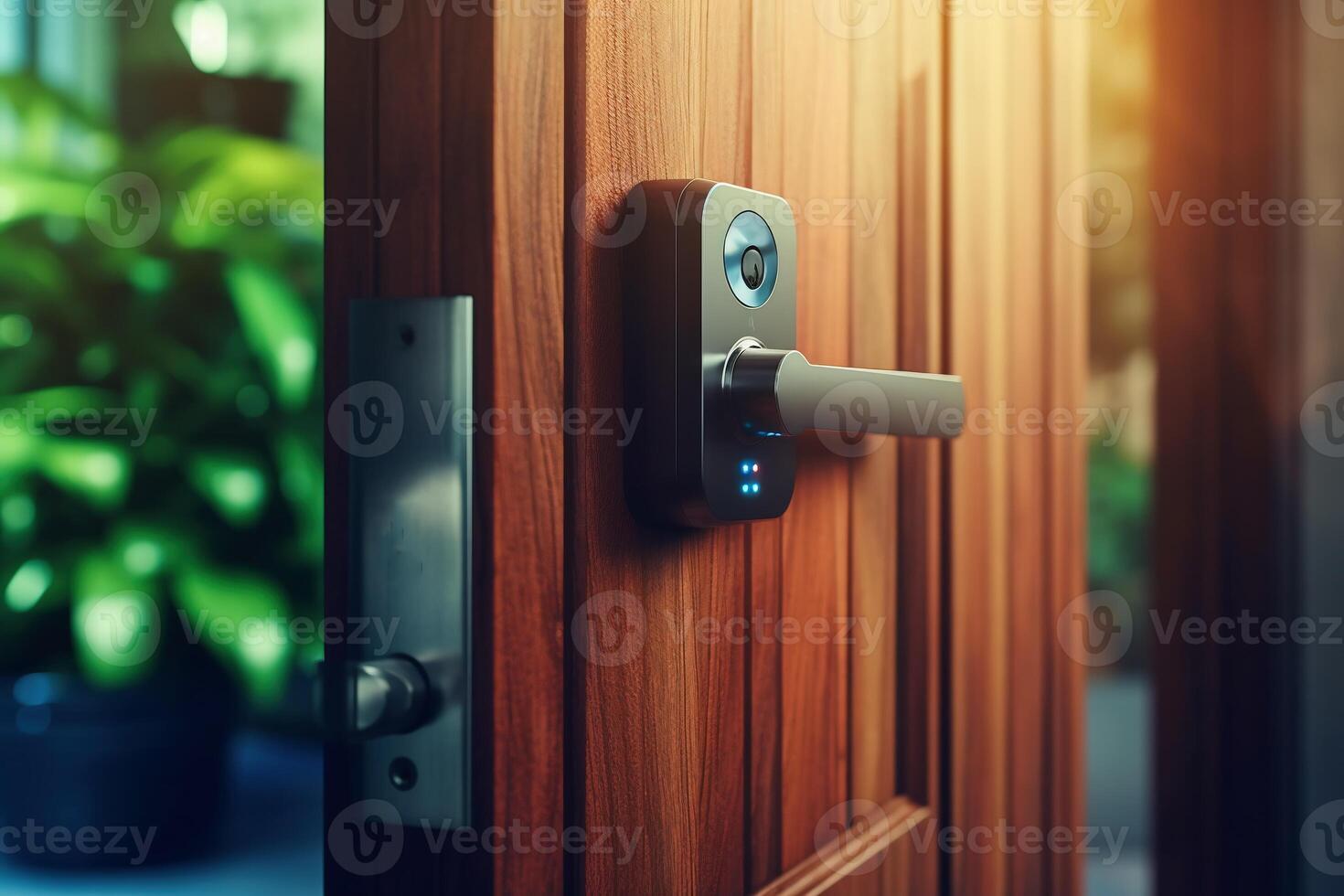 Locking smartlock on the entrance door using a smart phone remotely. Concept of using smart electronic locks with keyless access photo