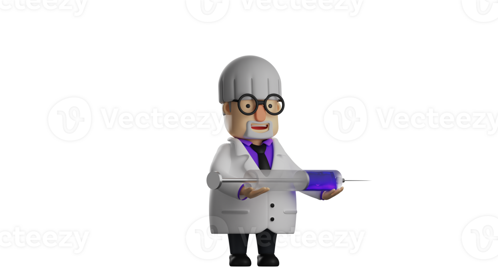 3D illustration. Exemplary Doctor 3D cartoon character. The doctor brought a giant syringe in which there was a purple liquid. The doctor smiled sweetly. 3D cartoon character png