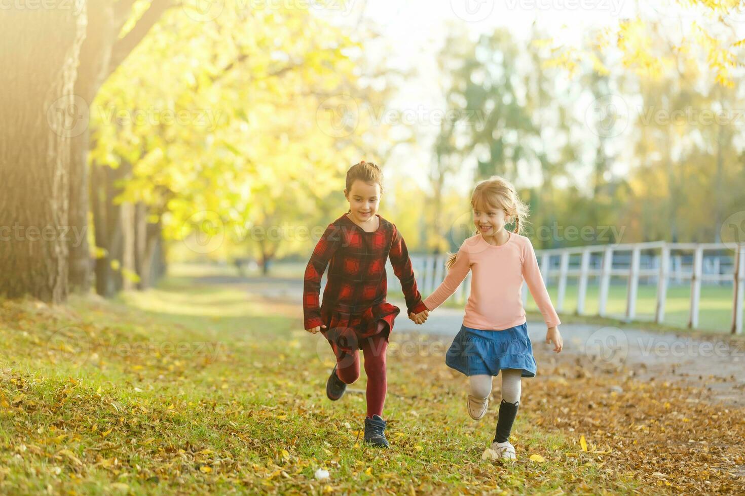 dos pequeño muchachas en otoño parque foto
