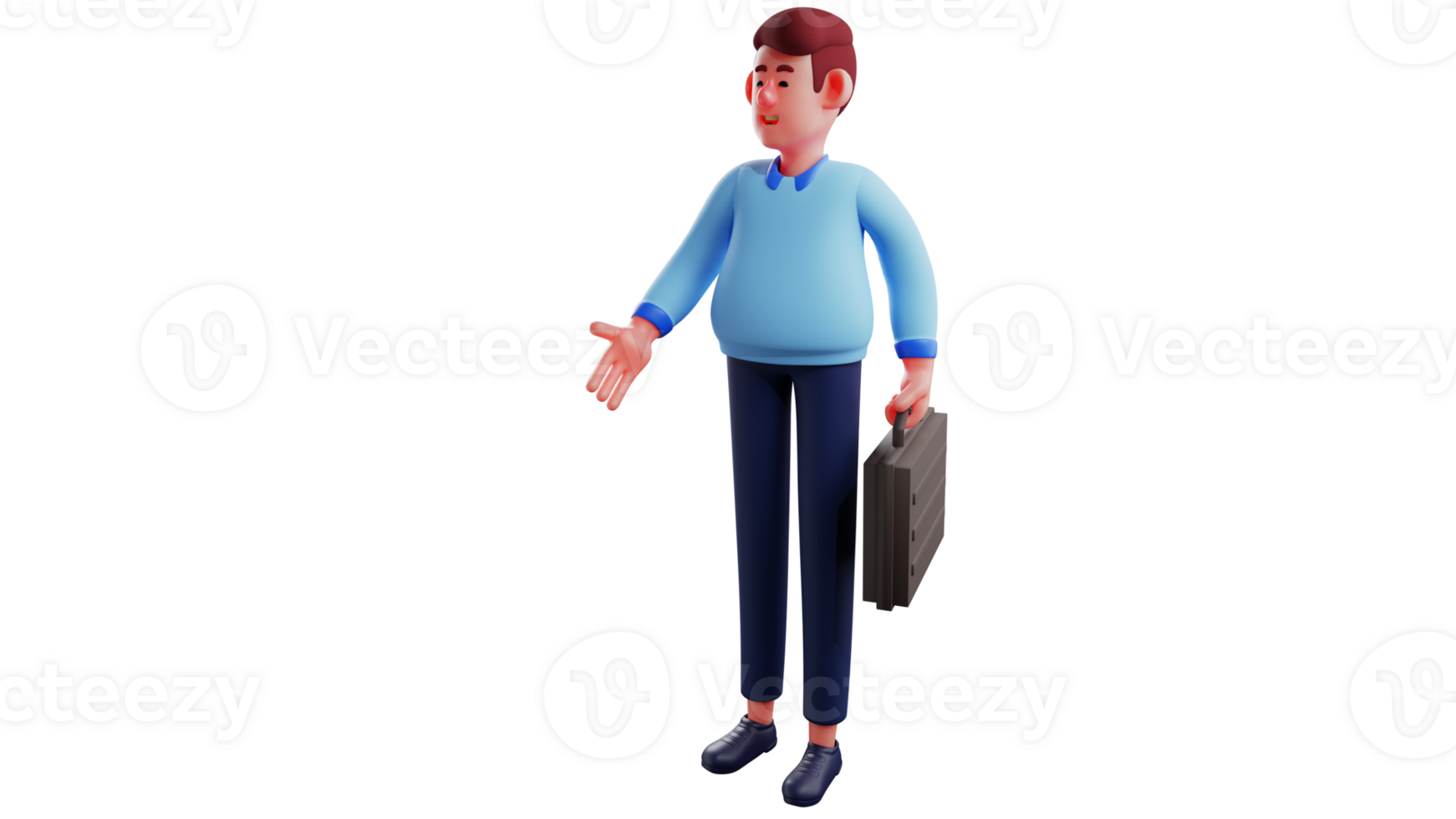3D Illustration. Office Worker 3D Cartoon Character. Office worker is busy meeting his client. Office worker greeted someone he met. Office worker carry a black suitcase. 3D cartoon character png