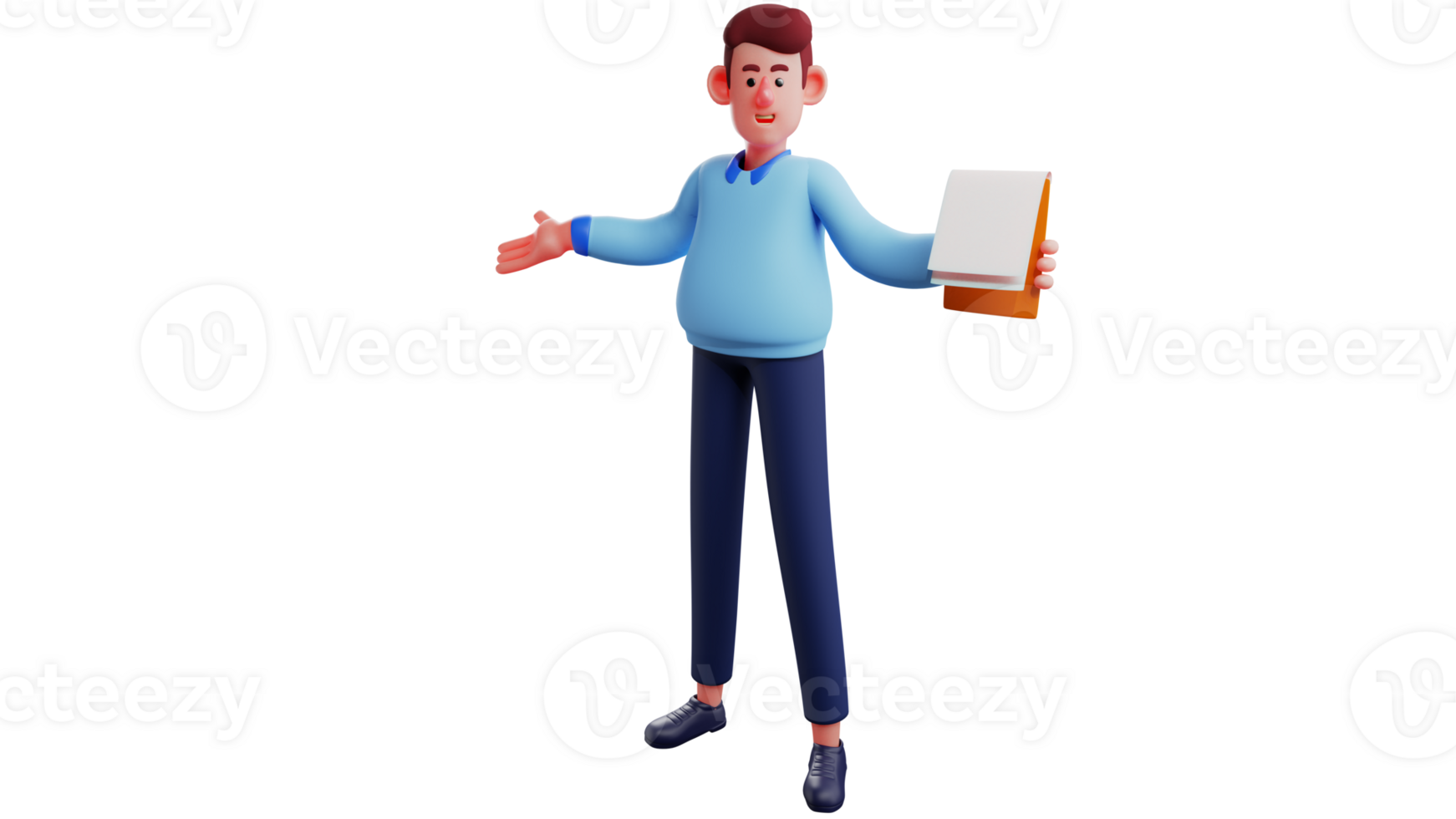 3D Illustration. Intelligent office worker 3D cartoon character. Office worker show the notes he brought to everyone. A handsome man is explaining something about work. 3D cartoon character png