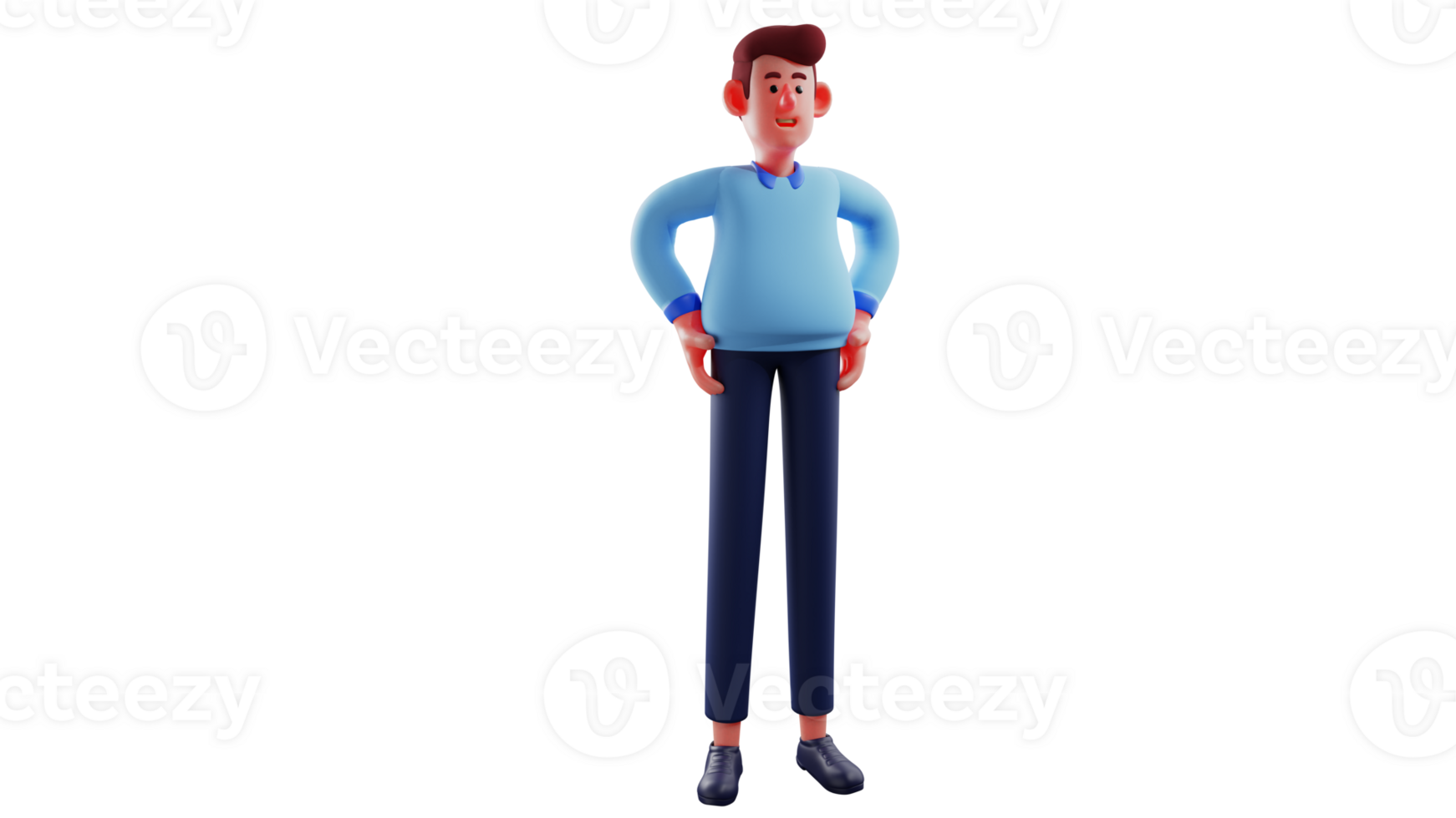 3D Illustration. Office Worker 3D Cartoon character. Worker wear long -sleeved blue clothes. A handsome worker put his hands on his waist and showed his sweet smile. 3D cartoon character png