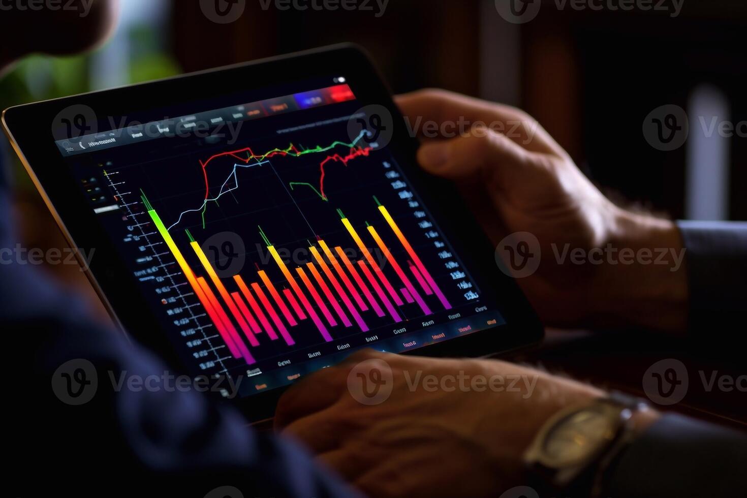 Close up of backlit hand at desk using tablet with abstract glowing money mesh on blurry background. Cryptocurrency and online banking concept photo
