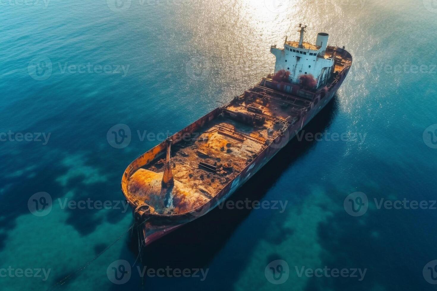 Top view of sinking tanker shot by drone. Inverted tanker wrecked on Black Sea coast of Odessa. Empty tanker leaned to one side and ran aground by during storm with strong wind. photo