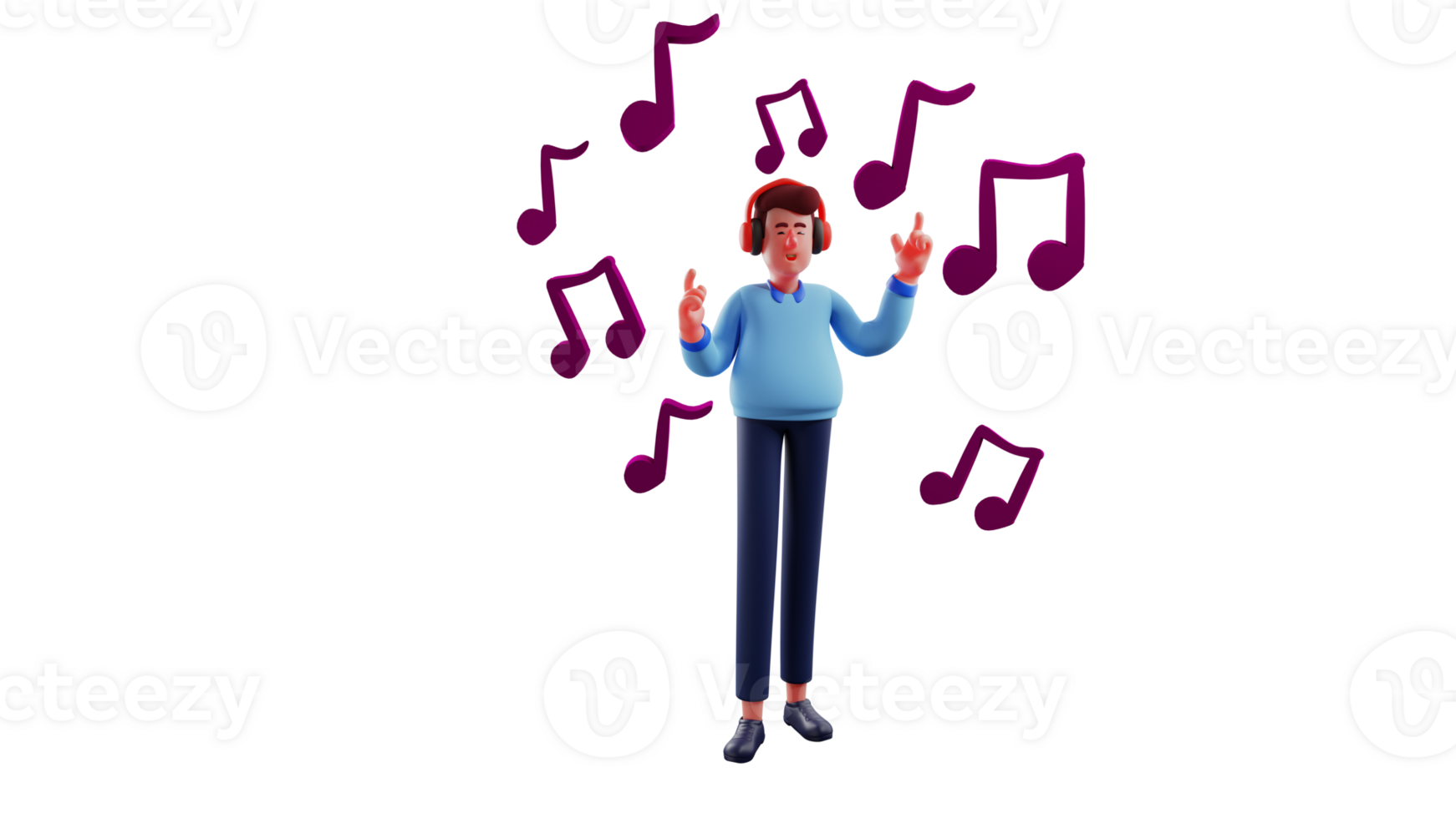 3D illustration. Cool guy 3D cartoon character. Man listening to music using headphones. The man raised his hands while enjoying his favorite song. 3D cartoon character png