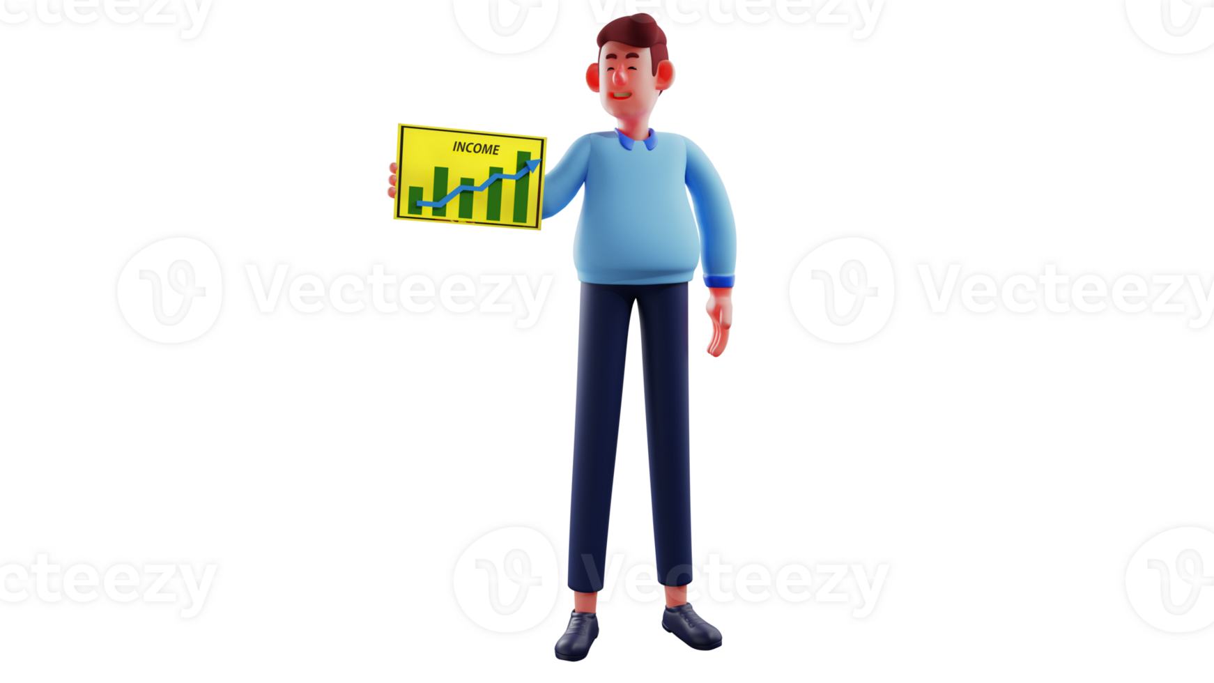 3D illustration. Successful Businessman 3D cartoon character. Businessman showing his income table in front of many people. Man shows the income he has earned from his business. 3D cartoon character png