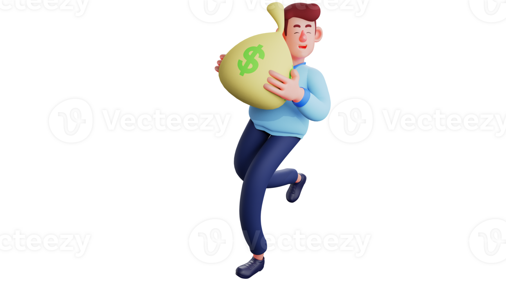 3D illustration. Rich Businessman 3D cartoon character. Businessman running while hugging the sack of money he has. Successful man carrying sack of money to save. 3D cartoon character png