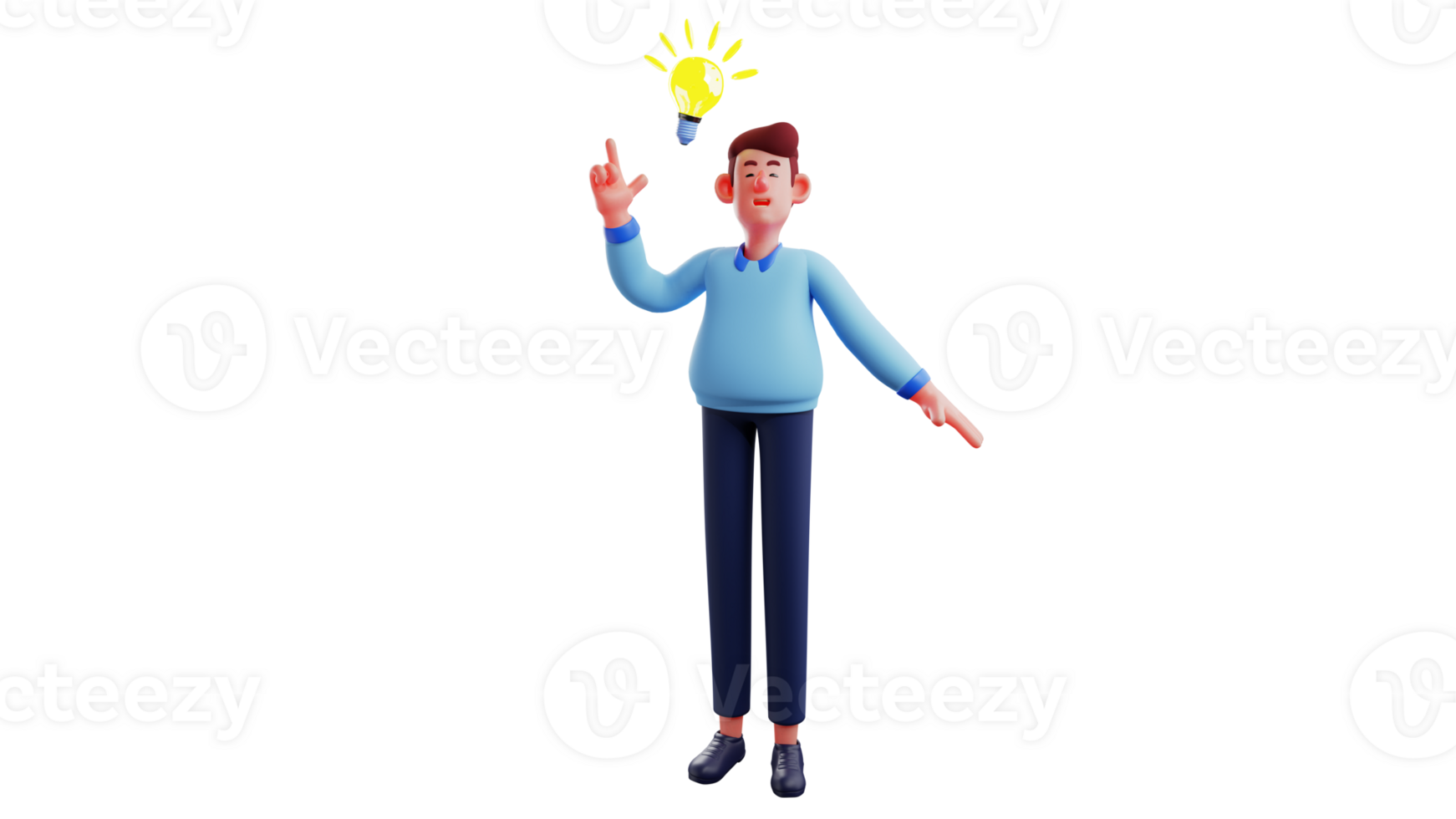 3D illustration. Brilliant Employee 3D cartoon character. An employee came up with a brilliant idea. Smart man with light bulb on beside as new idea symbol. 3D cartoon character png