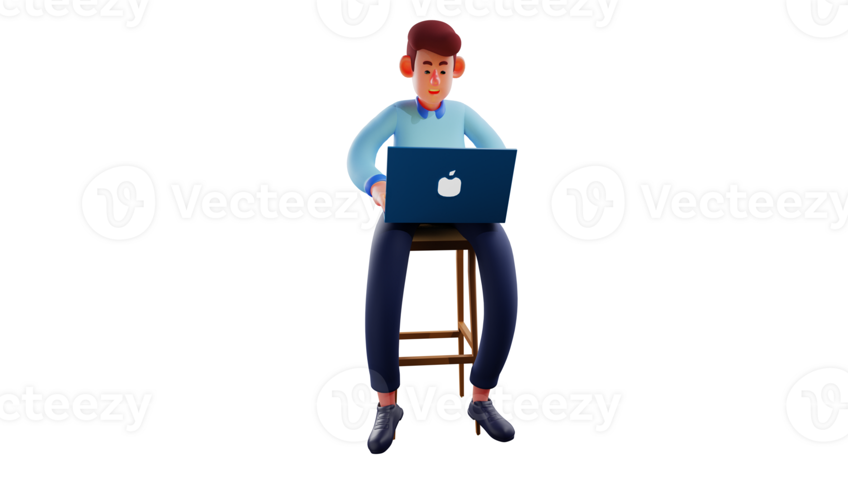 3D illustration. Busy office worker 3D cartoon character. A man is working on something using a laptop. Employee do his tasks happily while showing his sweet smiles. 3D cartoon character png