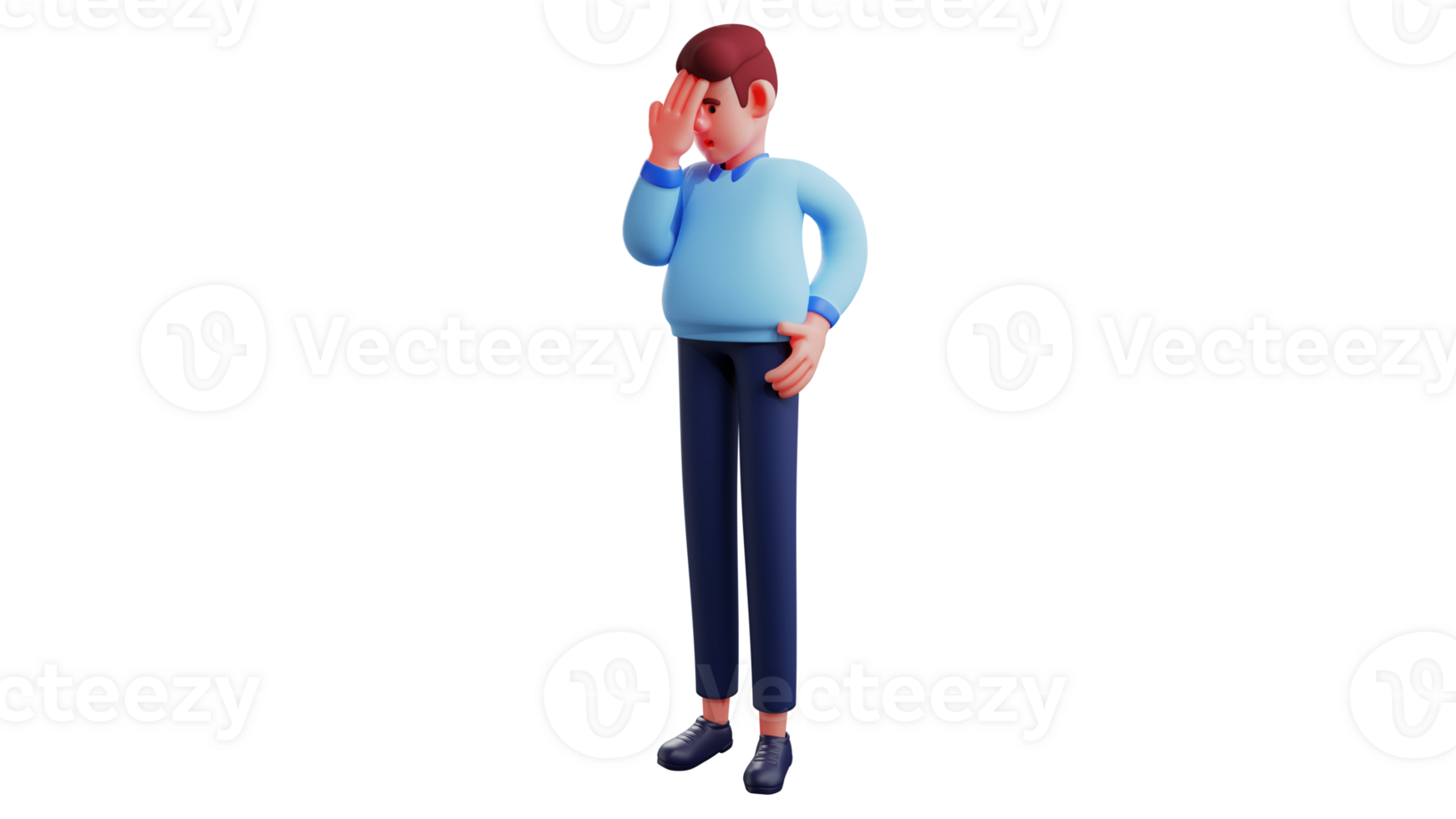 3D illustration. Handsome man 3D cartoon character. The man stood and lowered his head. Office worker tired and holding his head. Boss looks tired thinking about his work. 3D cartoon character png