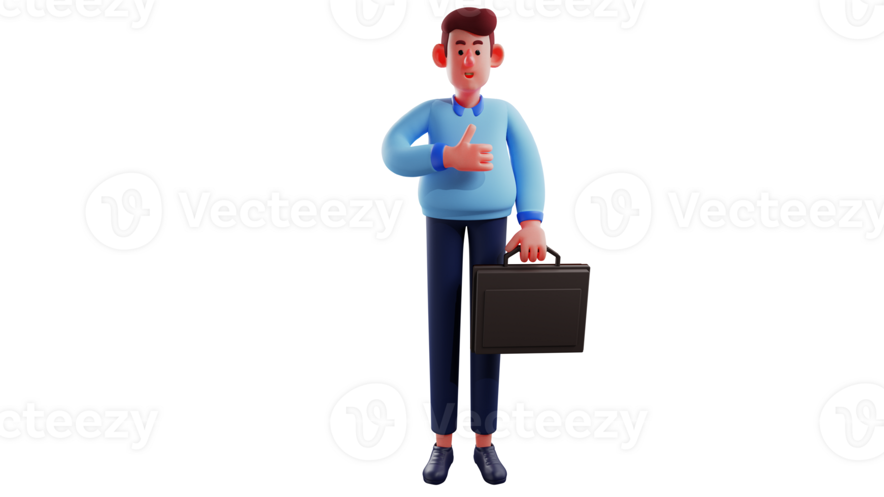 3D Illustration. Busy Businessman 3D cartoon character. Businessman stand up and carry black suitcases. The friendly businessman smiled sweetly while showing his thumb to someone. 3D cartoon character png