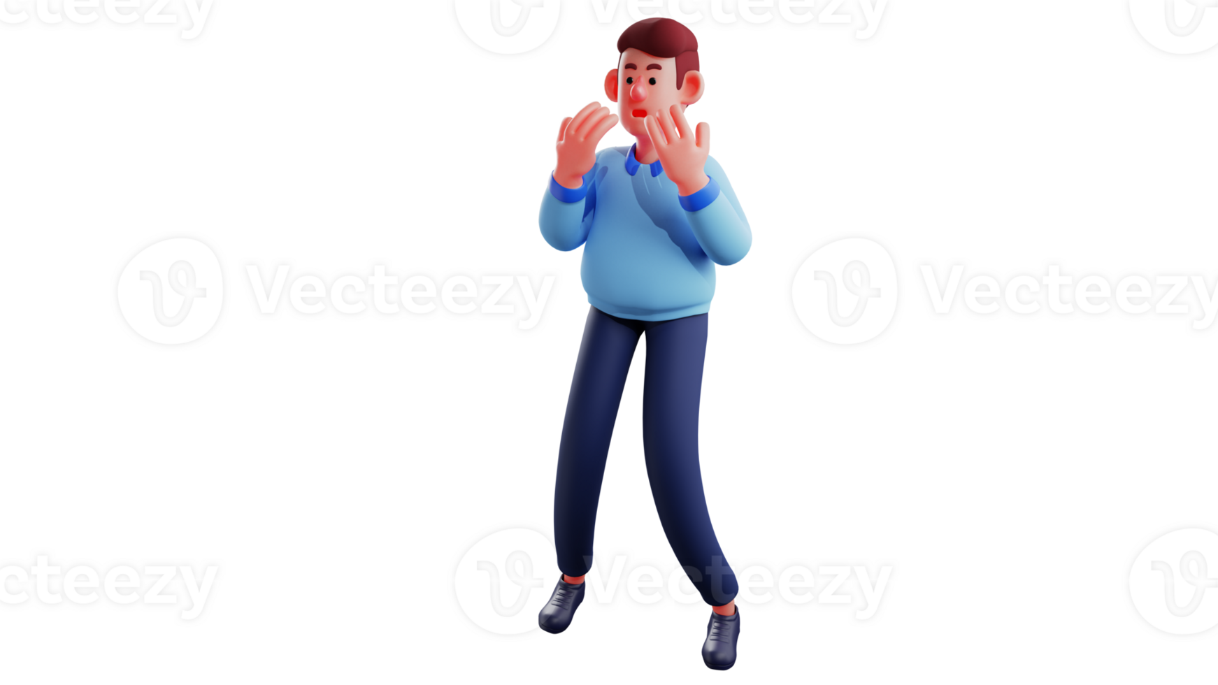 3D illustration. Panicking young man 3D cartoon character. The man showed a surprised expression at something that was in front of him. Confused youth. 3D cartoon character png