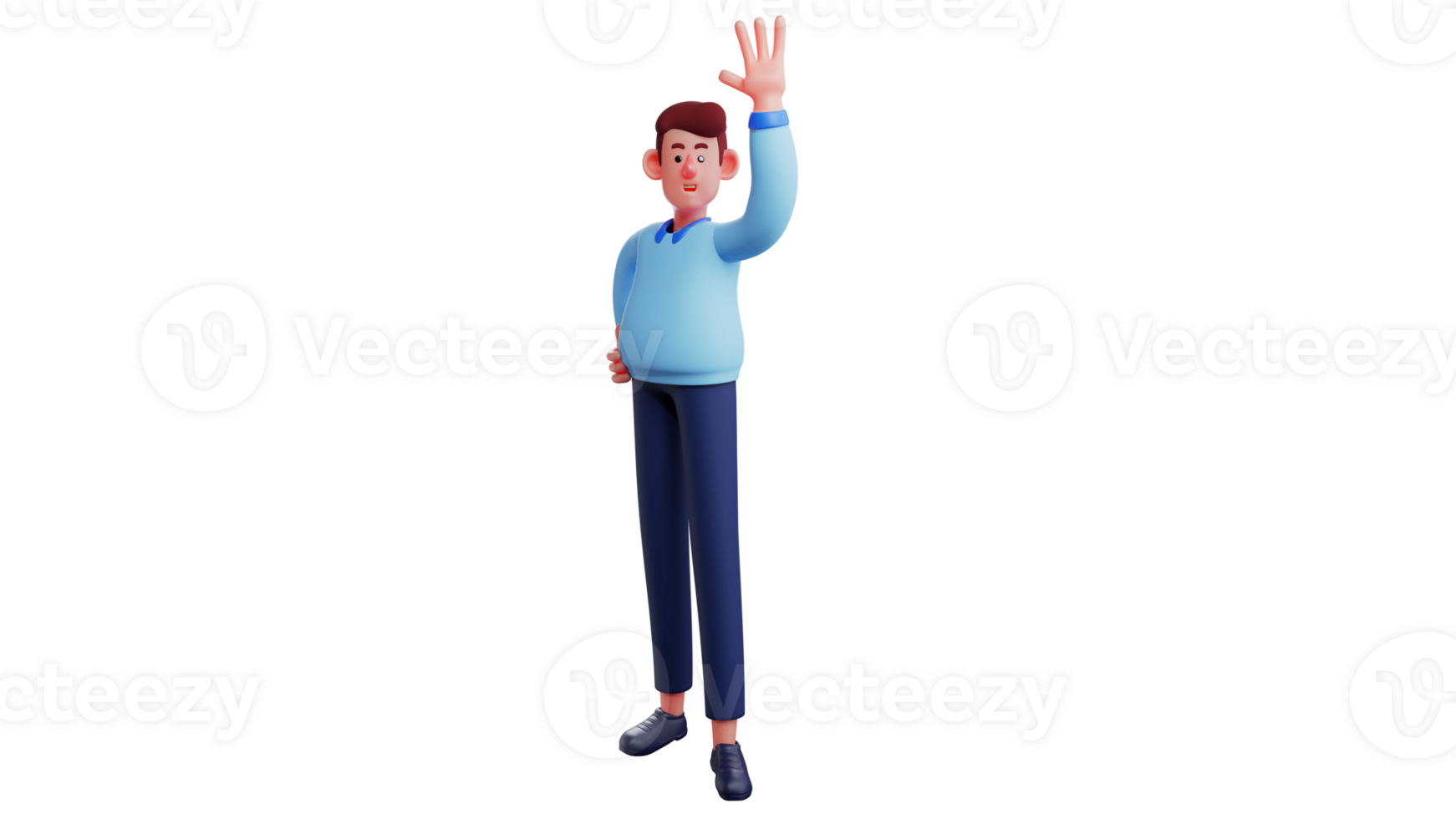 3D illustration. Office worker 3D cartoon character. Office worker wear blue long-sleeved shirts. Office worker waving his hand. Young man showing his sweet smile. 3D cartoon character png