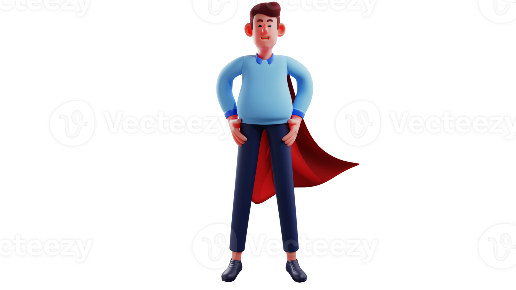 3D illustration. Unique Youth 3D cartoon character. Handsome young man put his hands on his waist. Young man is playing superhero and wearing red cloth on his back. 3D cartoon character png