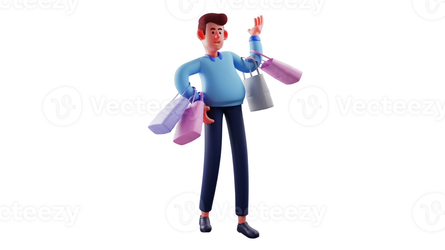 3D illustration. Funny Man 3D cartoon character. Young man is carrying many bags of groceries. Handsome young man looks funny with his strange behavior. 3D cartoon character png