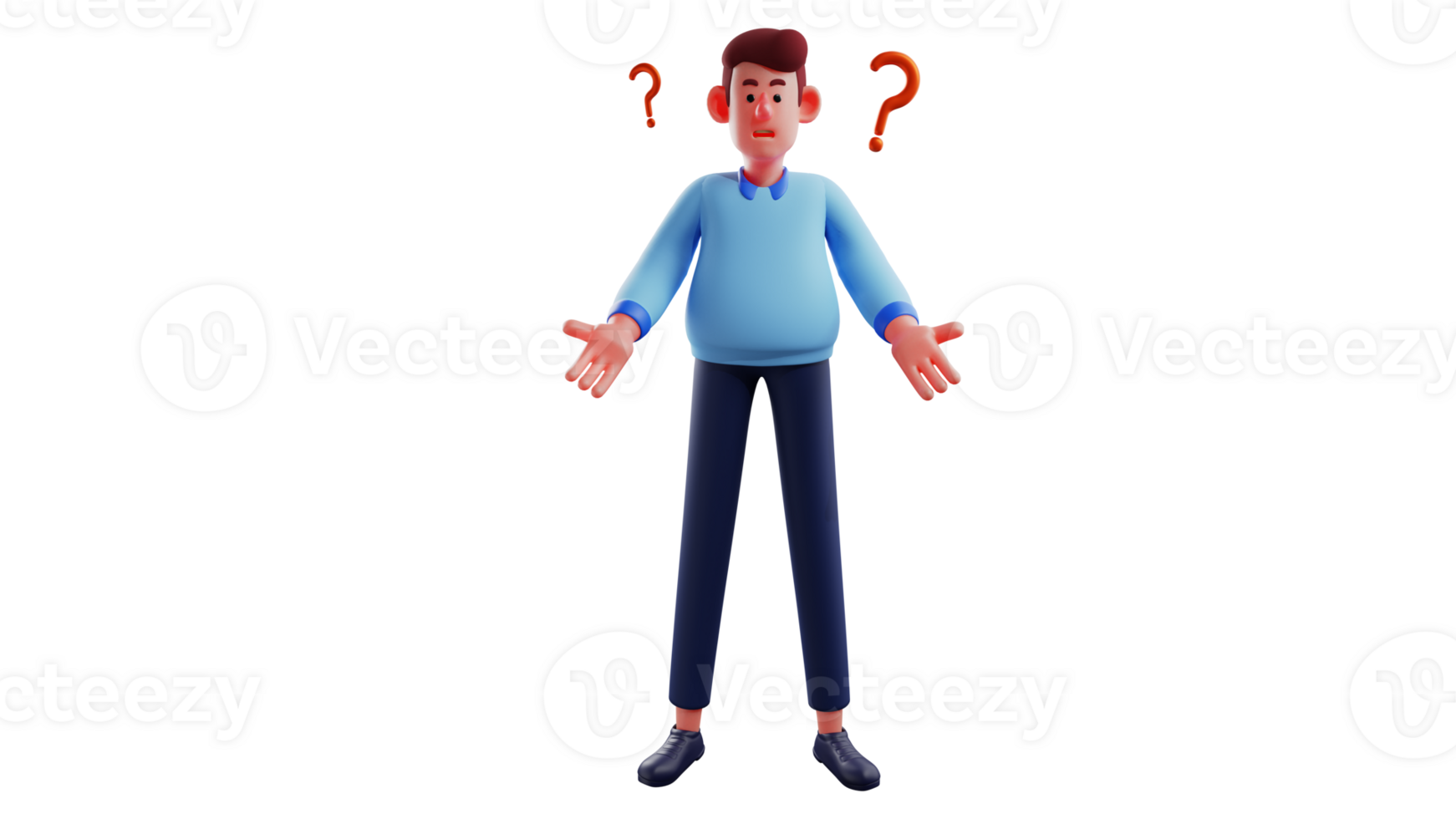 3D illustration. Confused Businessman 3D cartoon character. Businessman stretched his arms forward with two question marks beside him. Office worker showed a confused expression. 3D cartoon character png