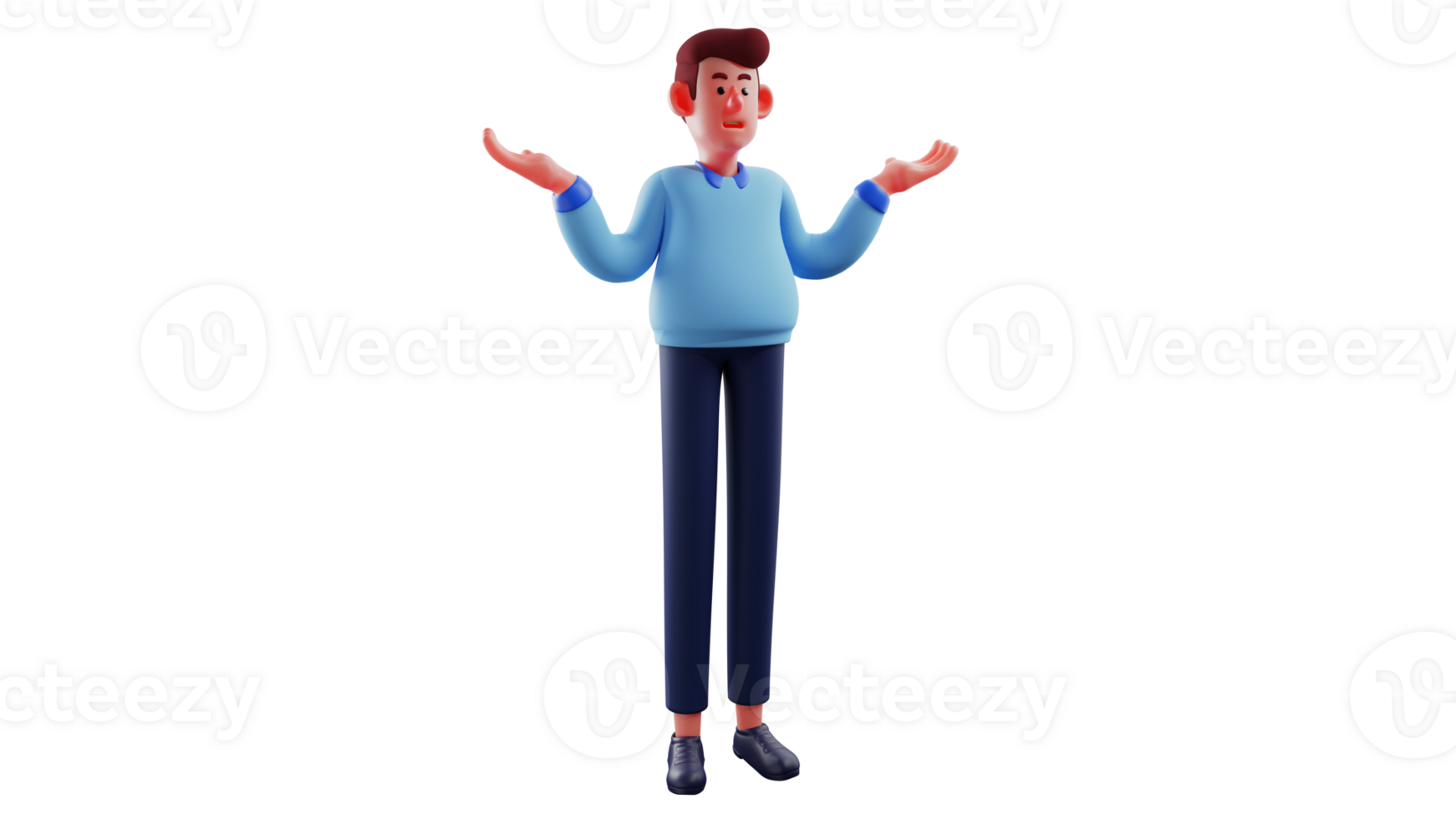 3D illustration. Confused businessman 3D cartoon character. The businessman raised both his hands and made a confused gesture. Young businessman asking something. 3D cartoon character png