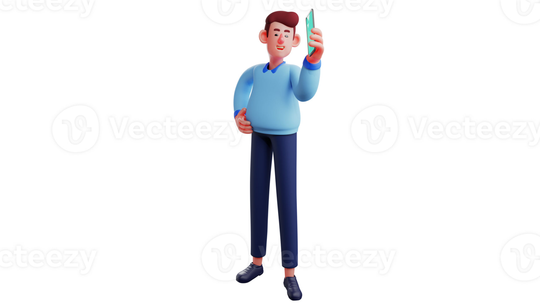 3D illustration. Young Businessman 3D cartoon character. Businessman holding a glowing cell phone. Young man wants to contact someone. Entrepreneur wants to contact his client. 3D cartoon character png