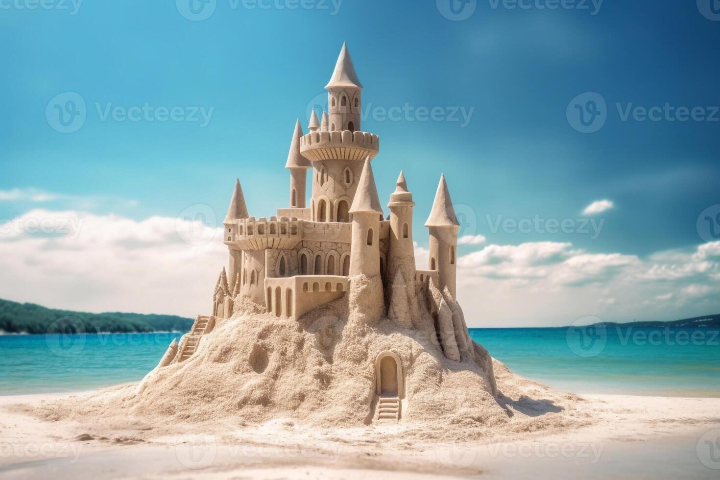 Sandcastle beach on bright sky. 3d rendering photo