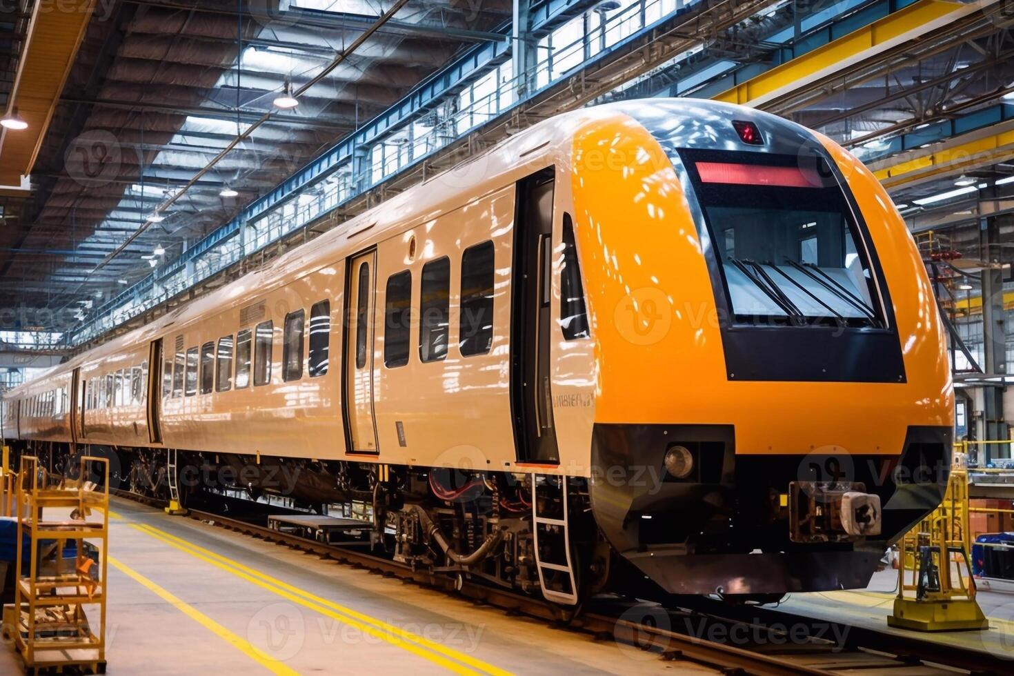 train in motion on the railway station at sunset. Modern intercity passenger train with motion blur effect on the railway platform. Industrial. Railroad and blurred background photo