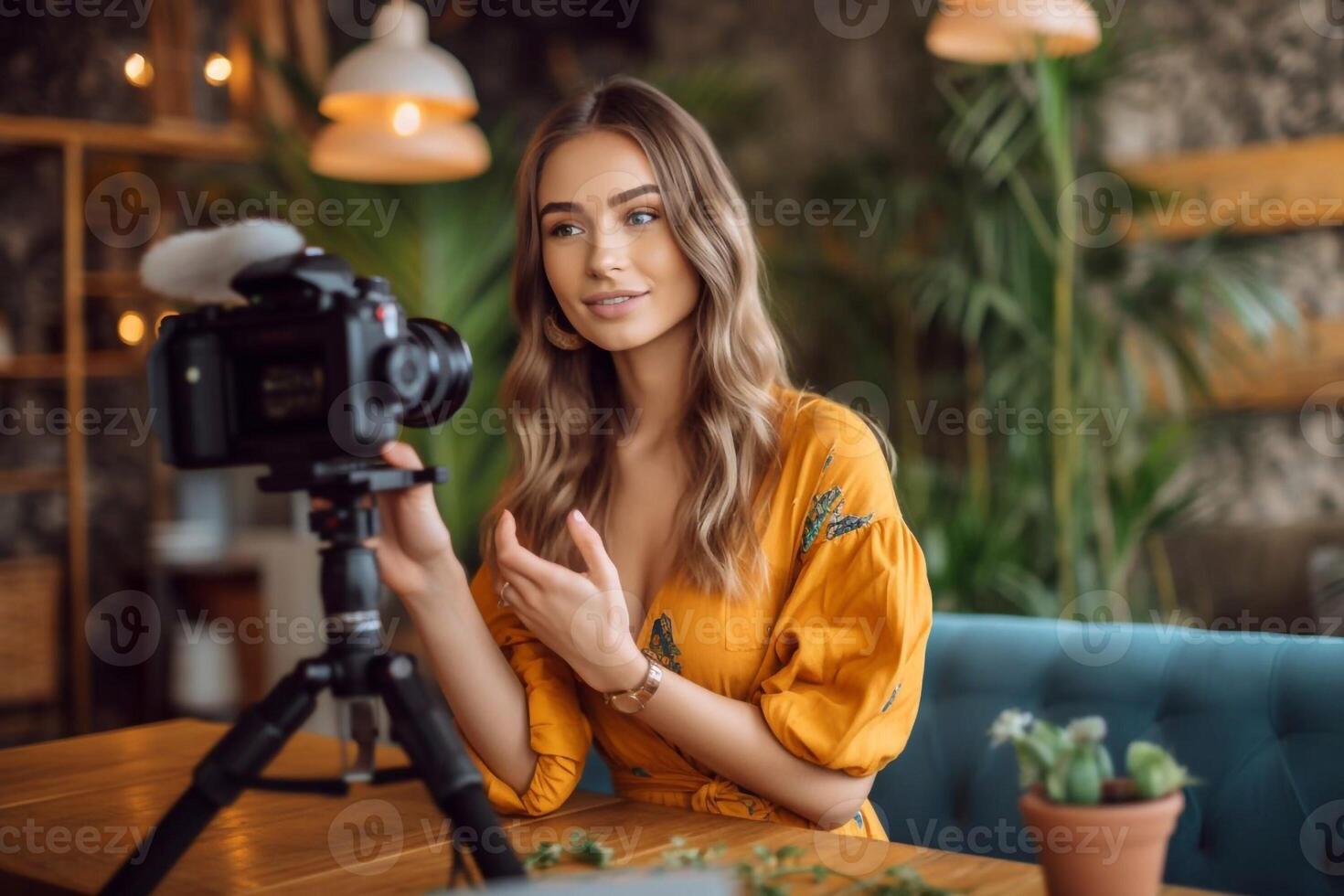 Woman recording a podcast on her laptop computer with headphones and a microscope. Female podcaster making audio podcast from her home studio. photo