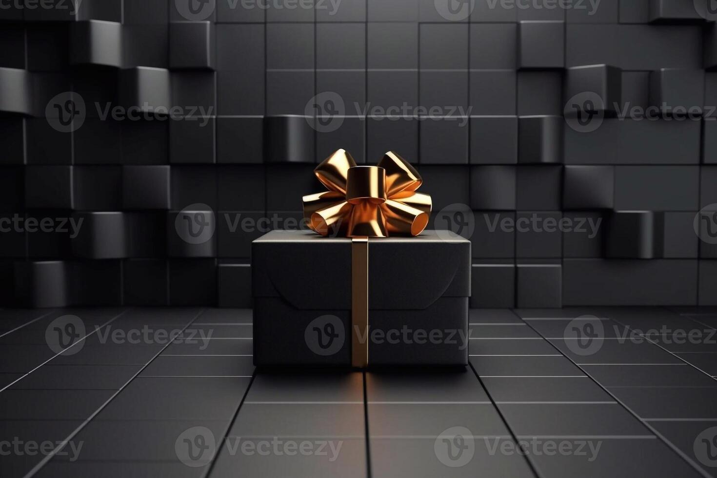 Black gift box with golden ribbon isolated on Black Background. 3d illustration of black gift box with gold ribbon. photo